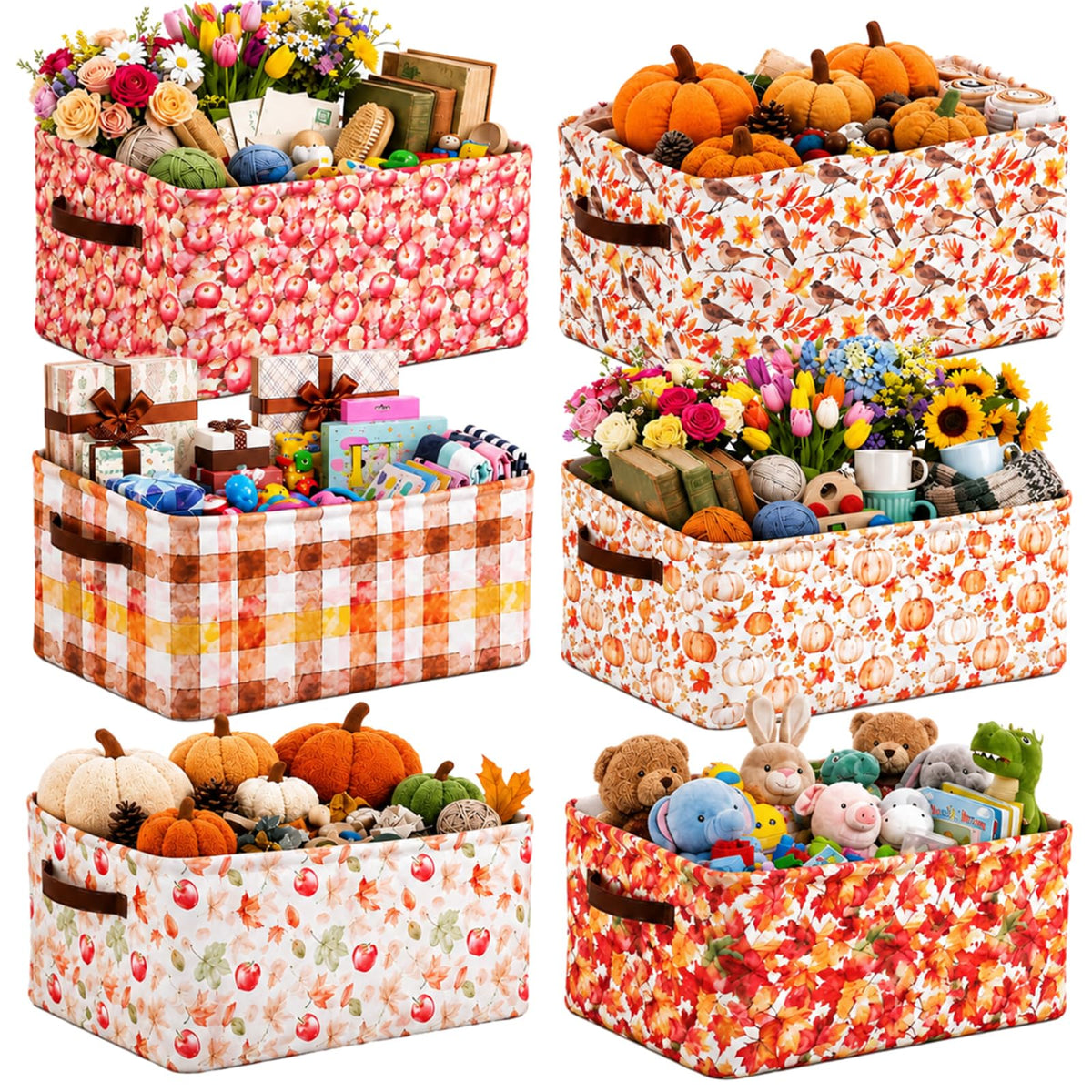 Mifoci 6 Pcs Large Fall Gift Baskets with Handles Bulk Thanksgiving Storage Baskets Autumn Pumpkin Maple Leaves Fabric Storage B