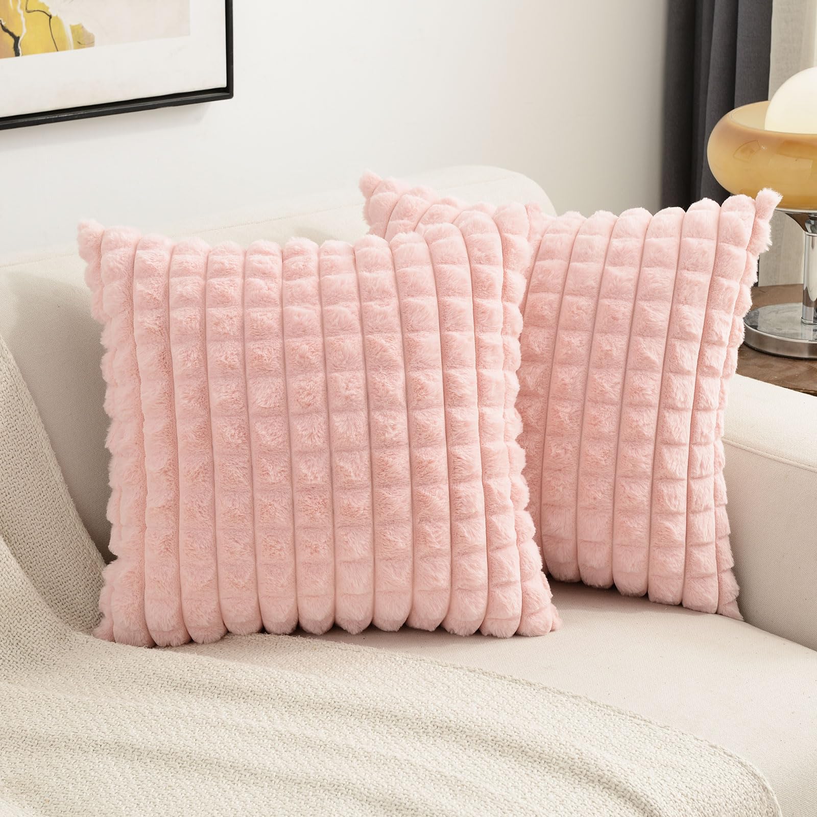 Futei Pink Decorative Throw Pillow Covers 26X26 Inch Set Of 2,Square Cushion Case,Soft Fluffy Faux Rabbit Fur Plaid/Cozy Velvet,