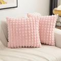 Futei Pink Decorative Throw Pillow Covers 18X18 Inch Set Of 2,Square Cushion Case,Fluffy Faux Rabbit Fur Plaid & Soft Velvet Bac