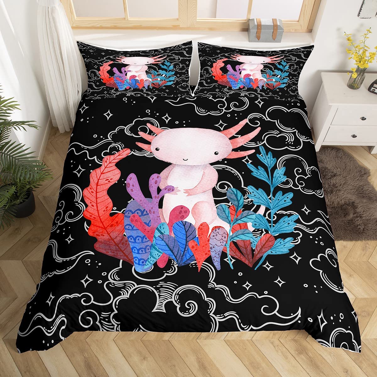 Cute Axolotl Bedding Set Full Size For Kids Boys Bedroom Cartoon Salamander Bed Duvet Cover Set Kawaii Animals Comforter Cover C