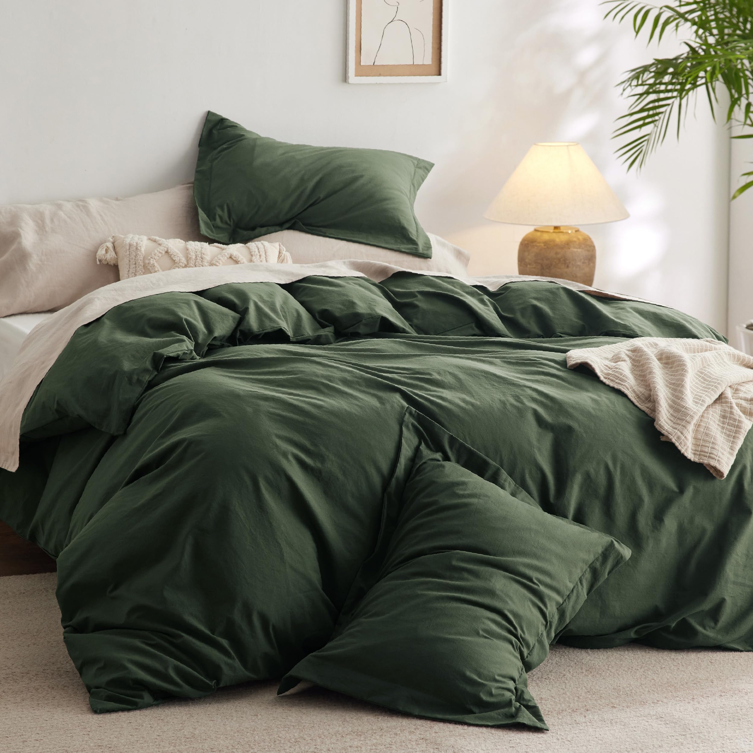 Bedsure 100% Washed Cotton Duvet Cover Queen - Olive Green Minimalist Cotton Duvet Cover Linen Like - 3 Pieces Gentlesoft™ Plain Simple Bedding Set With 2 Pillow Shams (Olive Green, Queen, 90'X90')