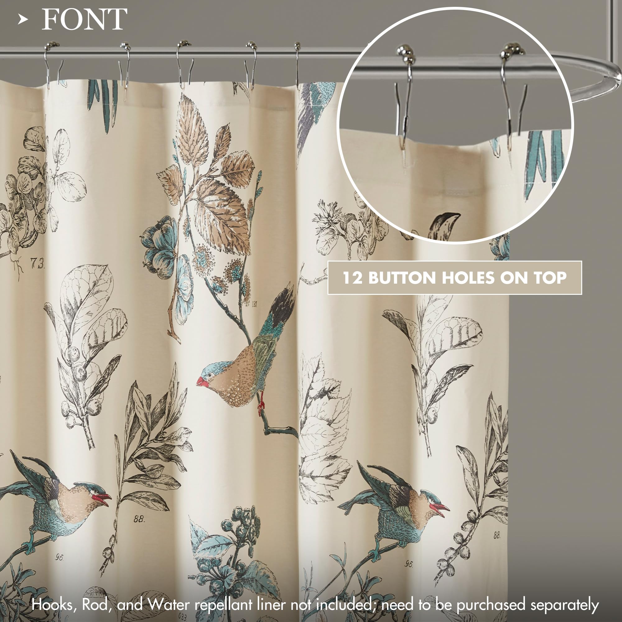 Madison Park Shower Curtain, Bird & Leaf Print, Farmhouse Shower Curtain For Bathroom, Modern Country Bathroom D  Cor, Machine W