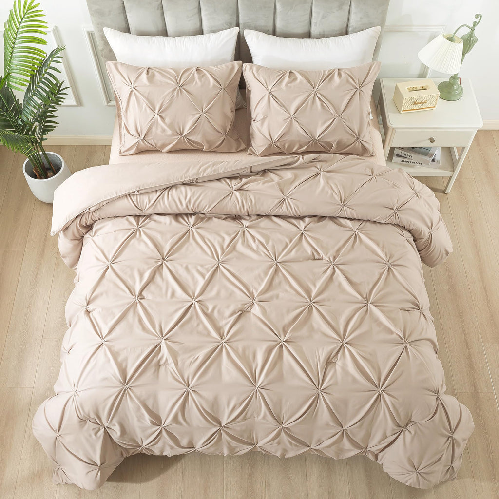 Andency Wheat Comforter Full Size, 3 Pieces Lightweight Pinch Pleat Comforter Sets For Full Bed, Soft Microfiber Bedding Comforter Set(1 Pintuck Comforter And 2 Pillowcases)