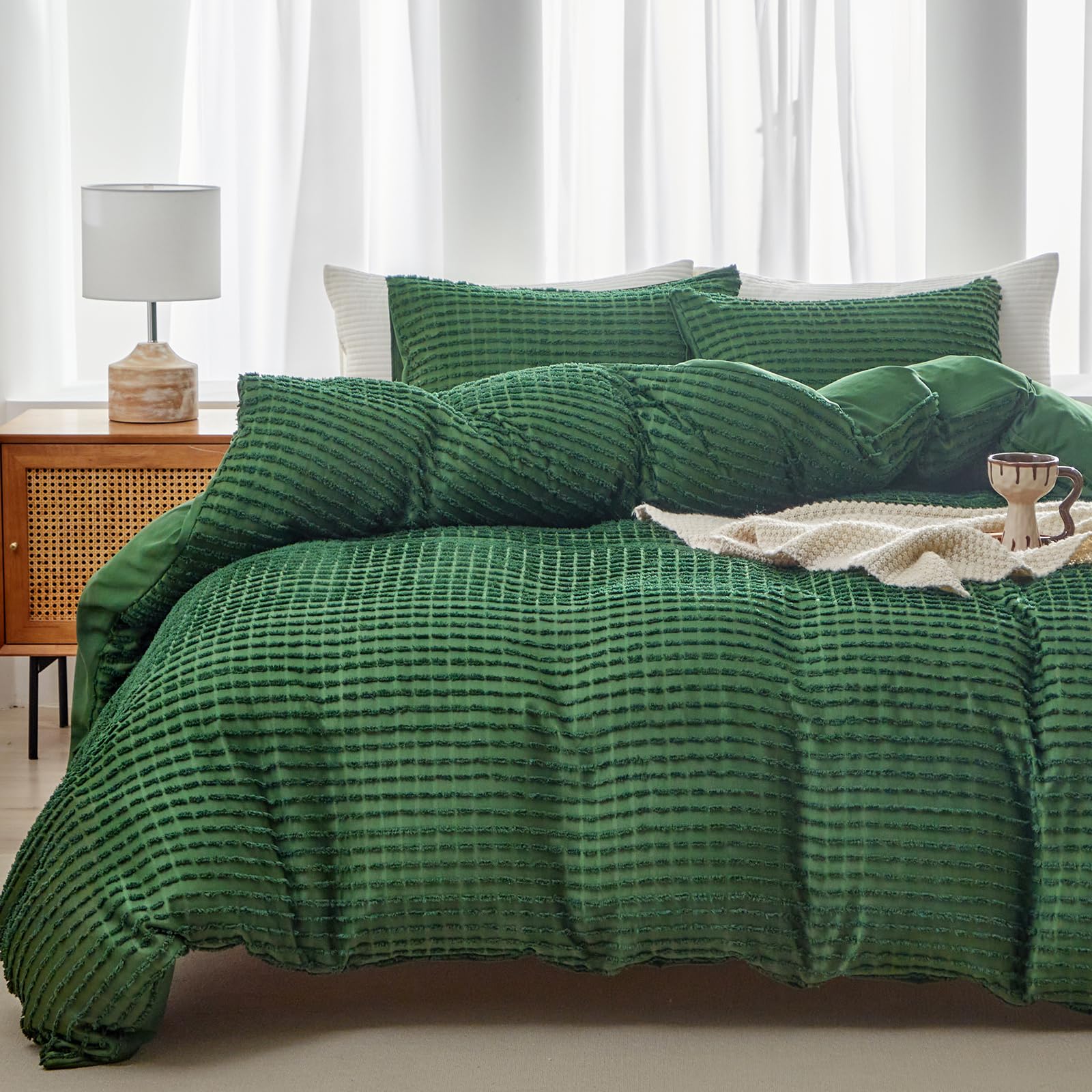Warmdern Boho Duvet Cover Set King Size,Forest Green Striped Duvet Cover Microfiber Bedding Set,3Pcs Ultra Soft Breathable Light