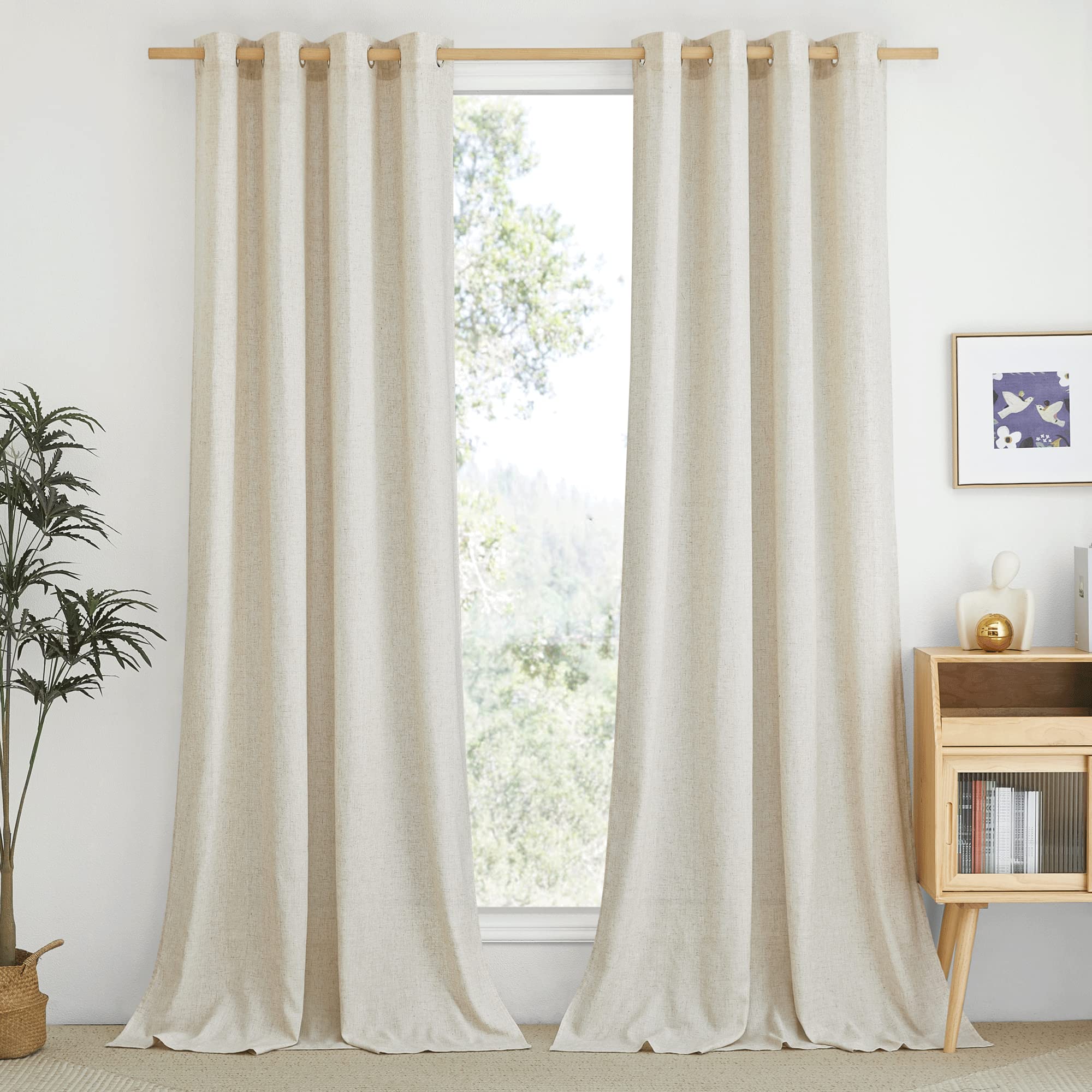 Nicetown Natural Flax Linen Bedroom Curtains 90 Inches Long, Grommet Semi Sheer Vertical Drapes Privacy Added With Light Filtering For Living Room/Home Office, W55 X L90, 2 Pieces