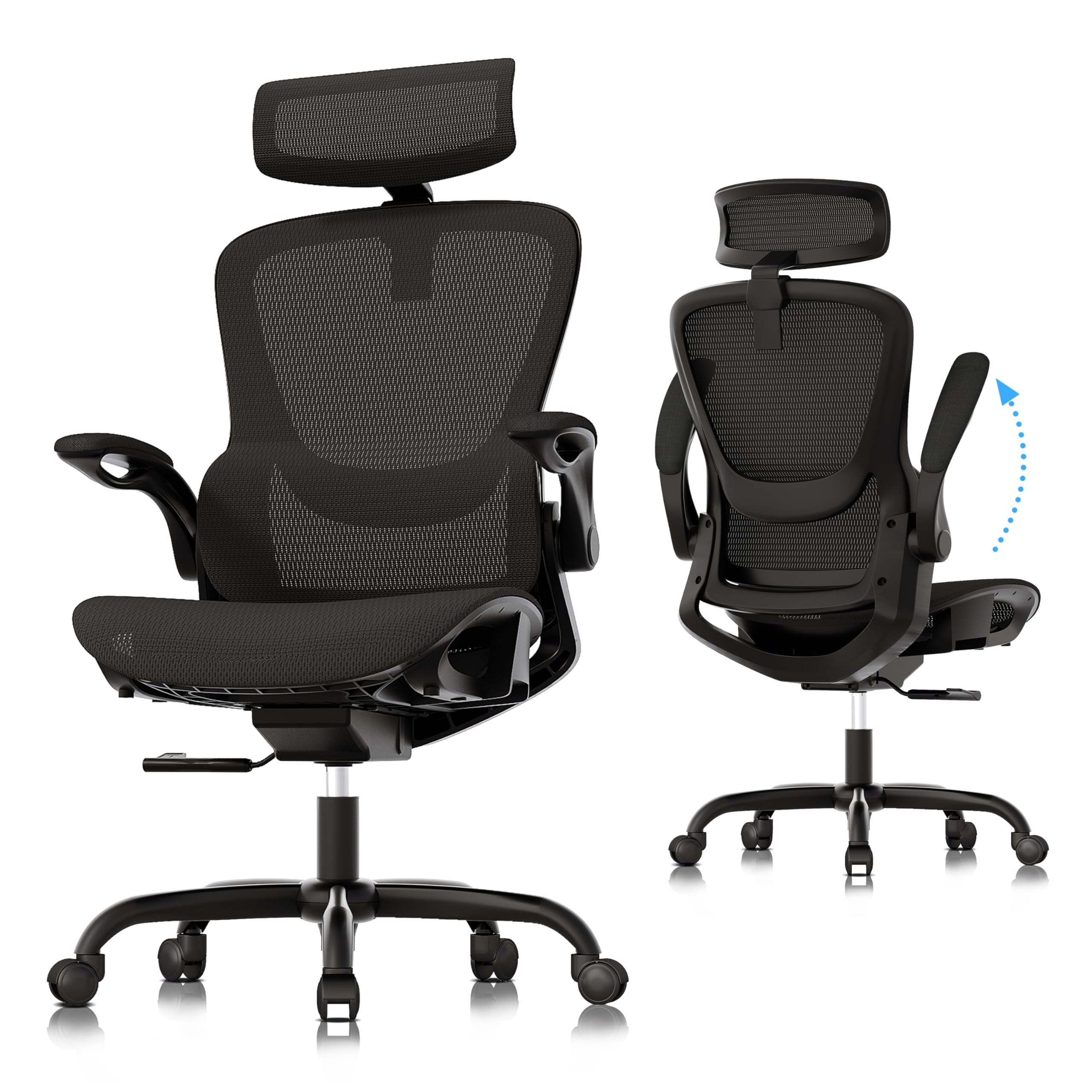 GABRYLLY Ergonomic Mesh Office Chair, Adjustable Home Desk Chair with Folding Armrest, 2D Headrest, Soft Seat and PU Wheel, Blac