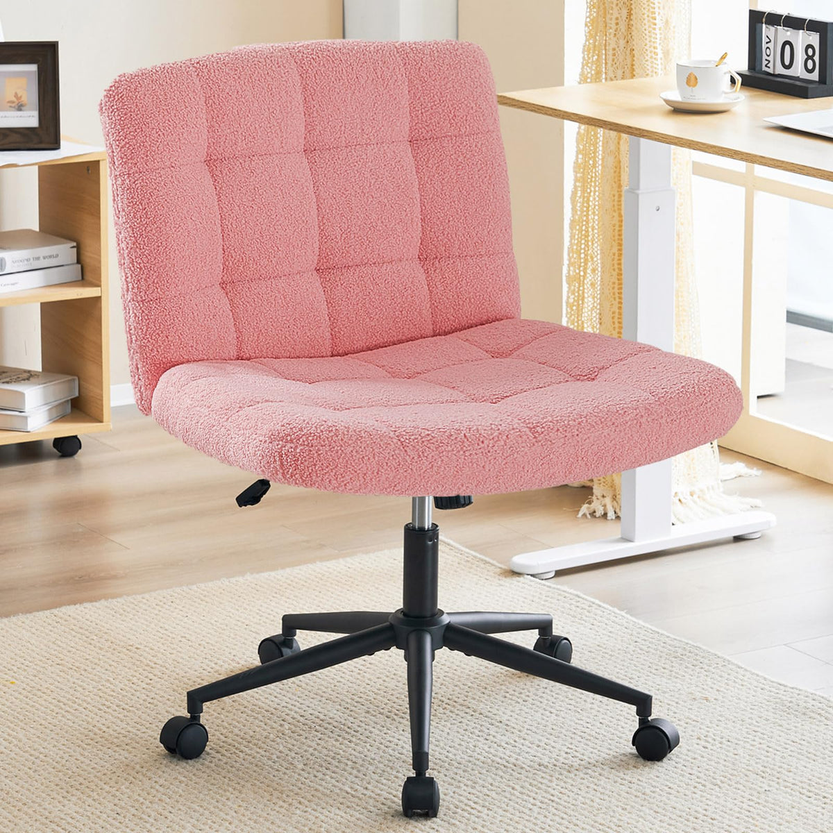 Furnimart Swivel Criss Cross Chair No Wheels, Mid Back Wide Armless Desk Chair For Home Office, Height Adjustable Comfy Seat For Desk, Vanity, Bedroom (Beige)