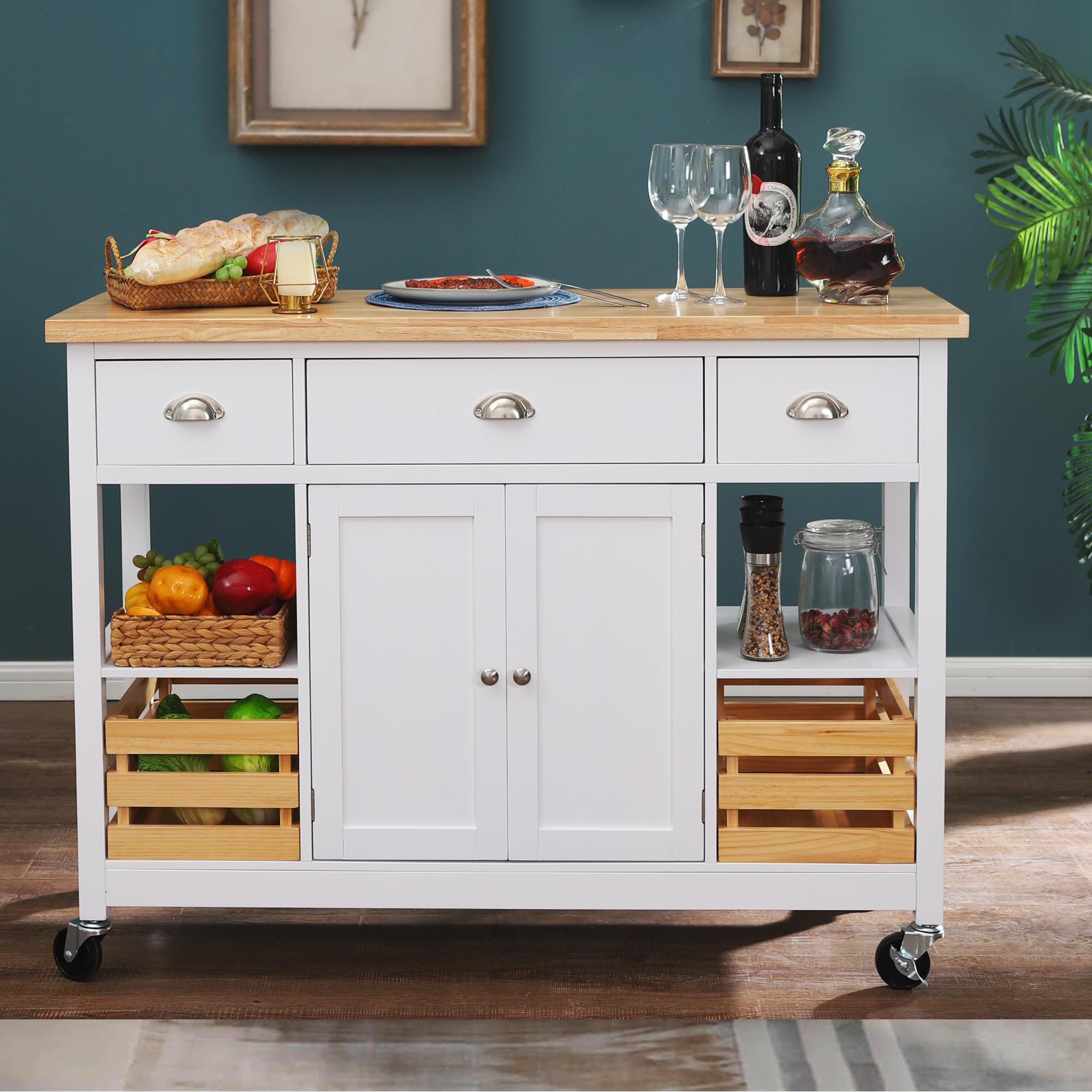 Phi Villa Kitchen Island Cart On Wheels - Rolling Kitchen Table With Storage