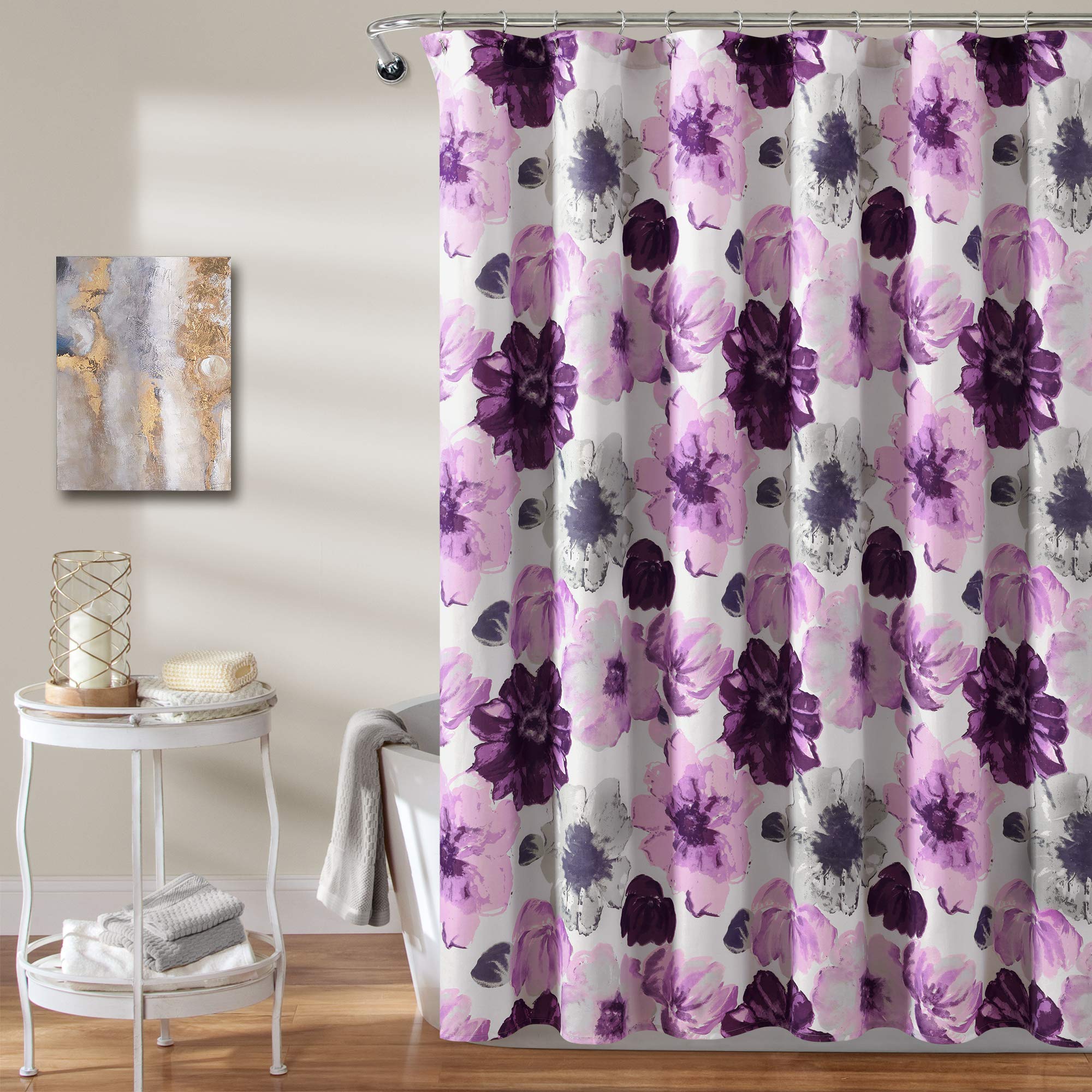 Lush Decor Leah Floral Shower Curtain, 72' W X 72' L, Purple & Gray - Pretty Purple Shower Curtain - Spring Decor - Colorful B