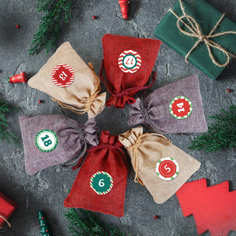 Naler Advent Calendar 2024, 24 Pieces Hanging Burlap Bags Candy Gift Bags Drawstring Pouch Burlap Sacks For Diy Christmas Countd
