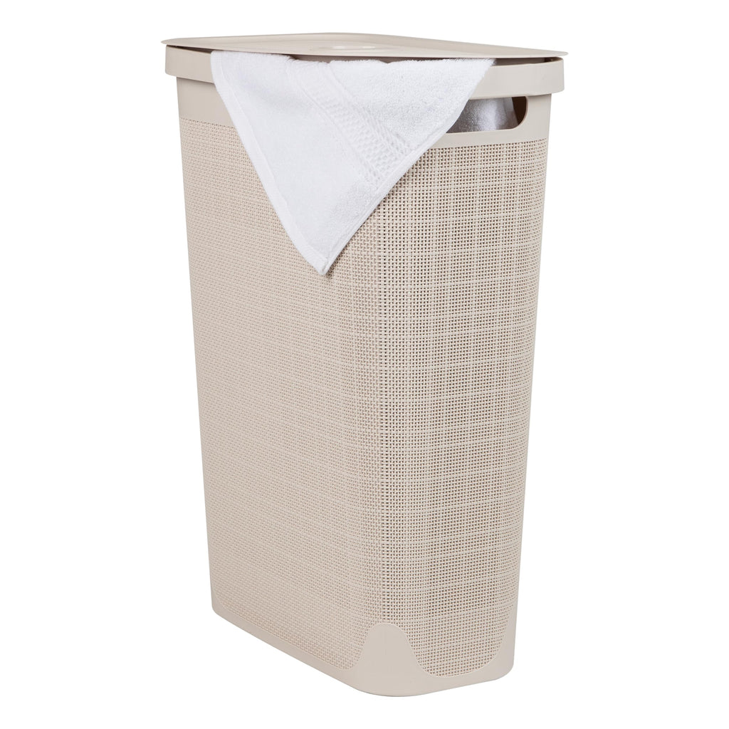 Mind Reader 40L Slim Laundry Hamper, Clothes Basket, Lid, Linen Design, Plastic, 18.5   L x 10.75   W x 23.5   H, Ivory