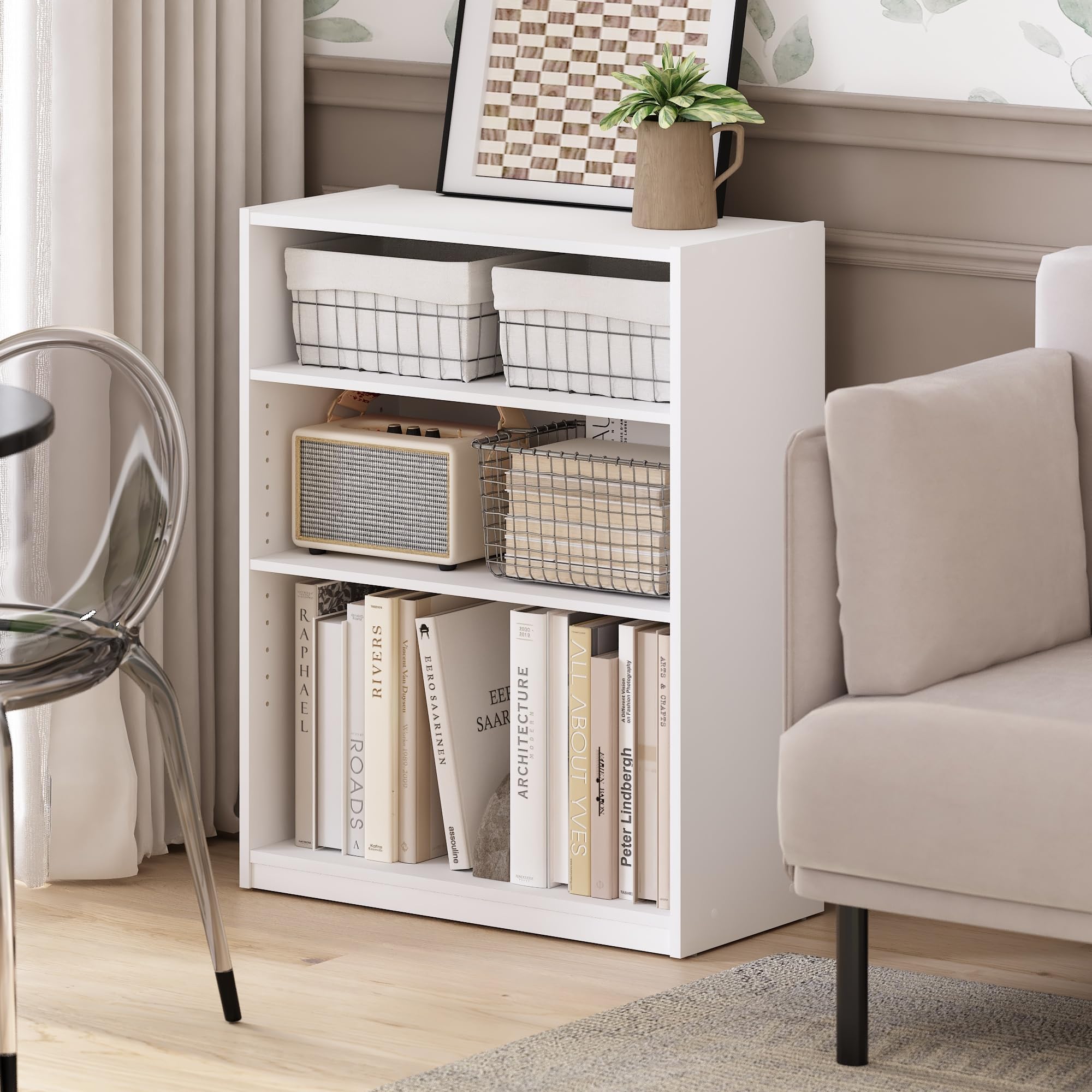 Furinno Gehry 3-Tier Bookcase, Bookshelf with Adjustable Shelves, White