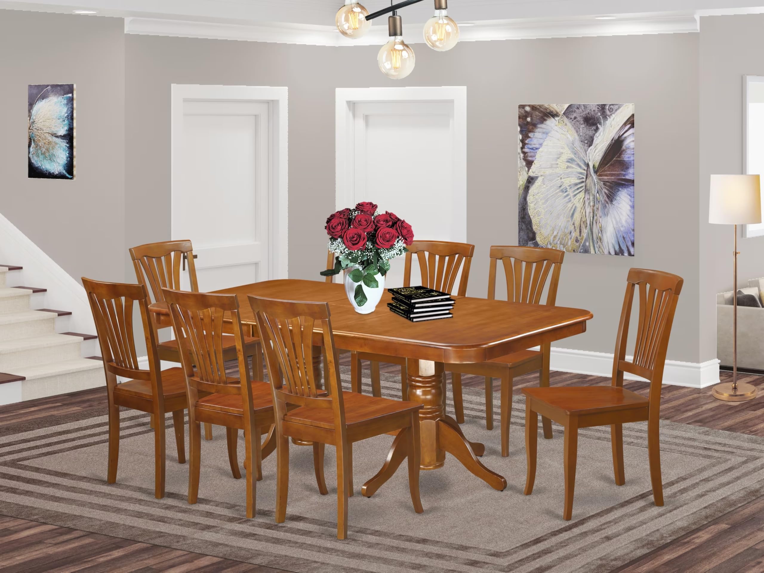 East West Furniture NAAV9-SBR-W 9 Piece Kitchen Table Set Includes a Rectangle Dining Table with Butterfly Leaf and 8 Dining Chairs, 40x78 Inch, Saddle Brown