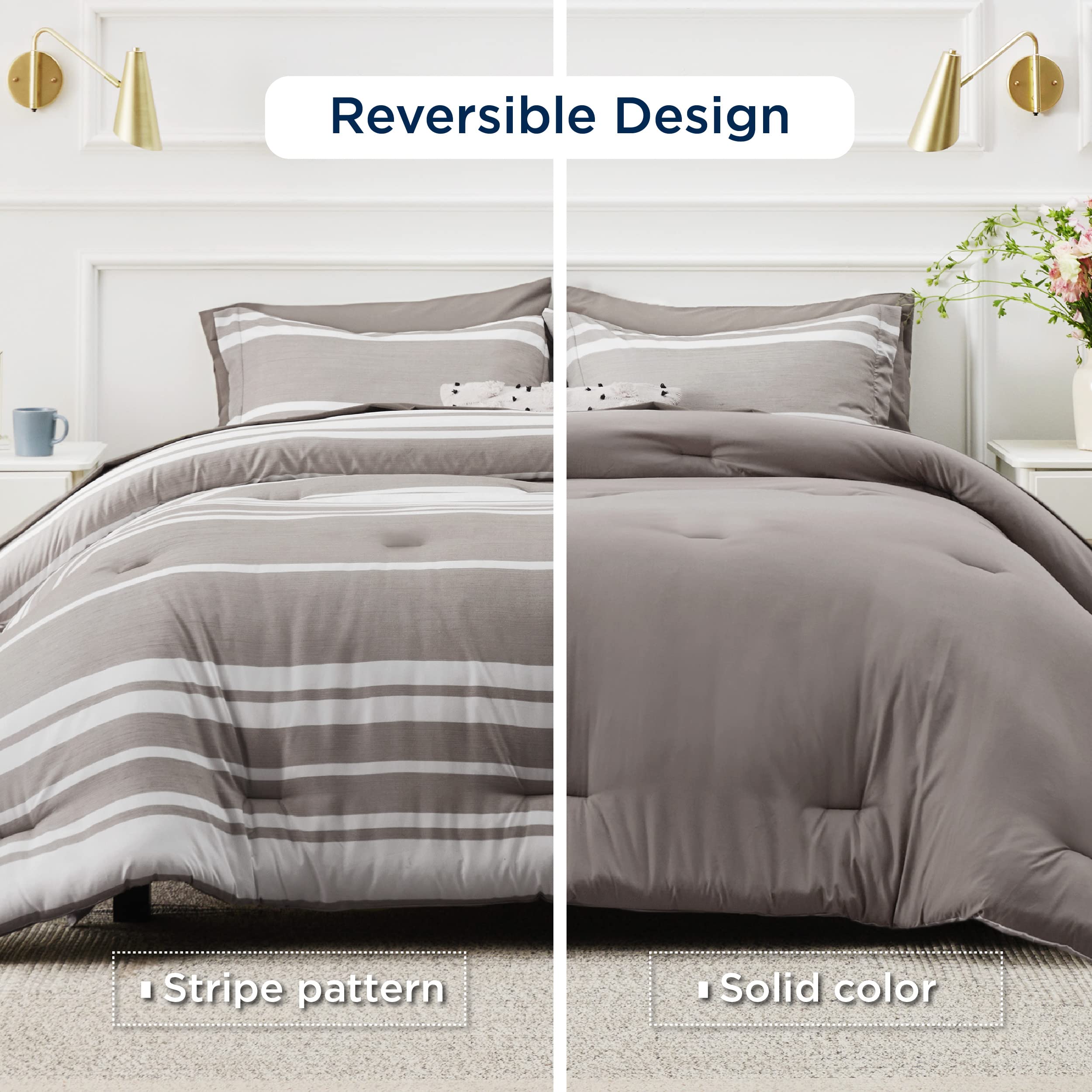 Bedsure Bed In A Bag Queen Size 7 Pieces, Warm Taupe White Striped Bedding Comforter Sets All Season Bed Set, 2 Pillow Shams, Flat Sheet, Fitted Sheet And 2 Pillowcases