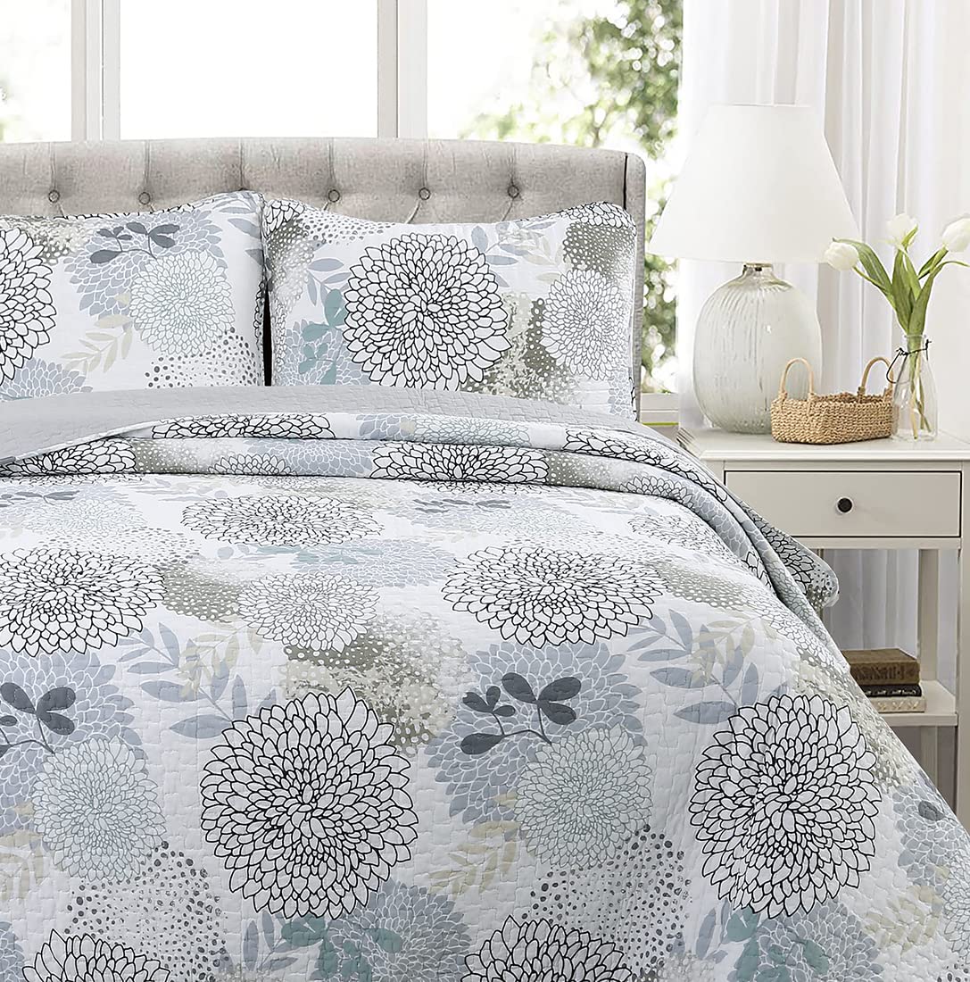 Cozy Line Home Fashions Nina Trista Flowers Aqua Blue Tape Grey Floral Print 100% Cotton Reversible Quilt Bedding Set, Bedspread