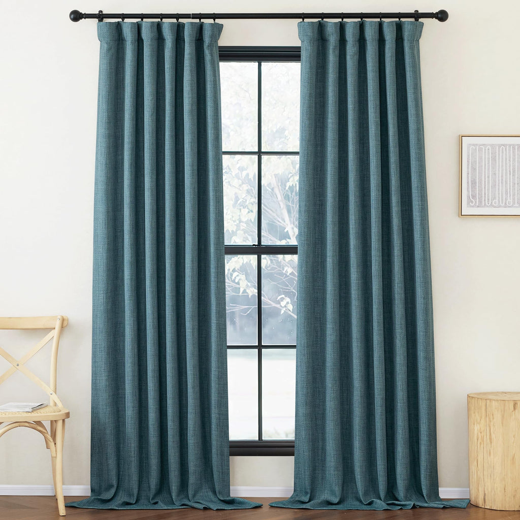 NICETOWN Greyish Blue Room Darkening Linen Curtains for Living Room, Pinch Pleated Faux Linen Blend Thermal Insulated Sou/Noise 