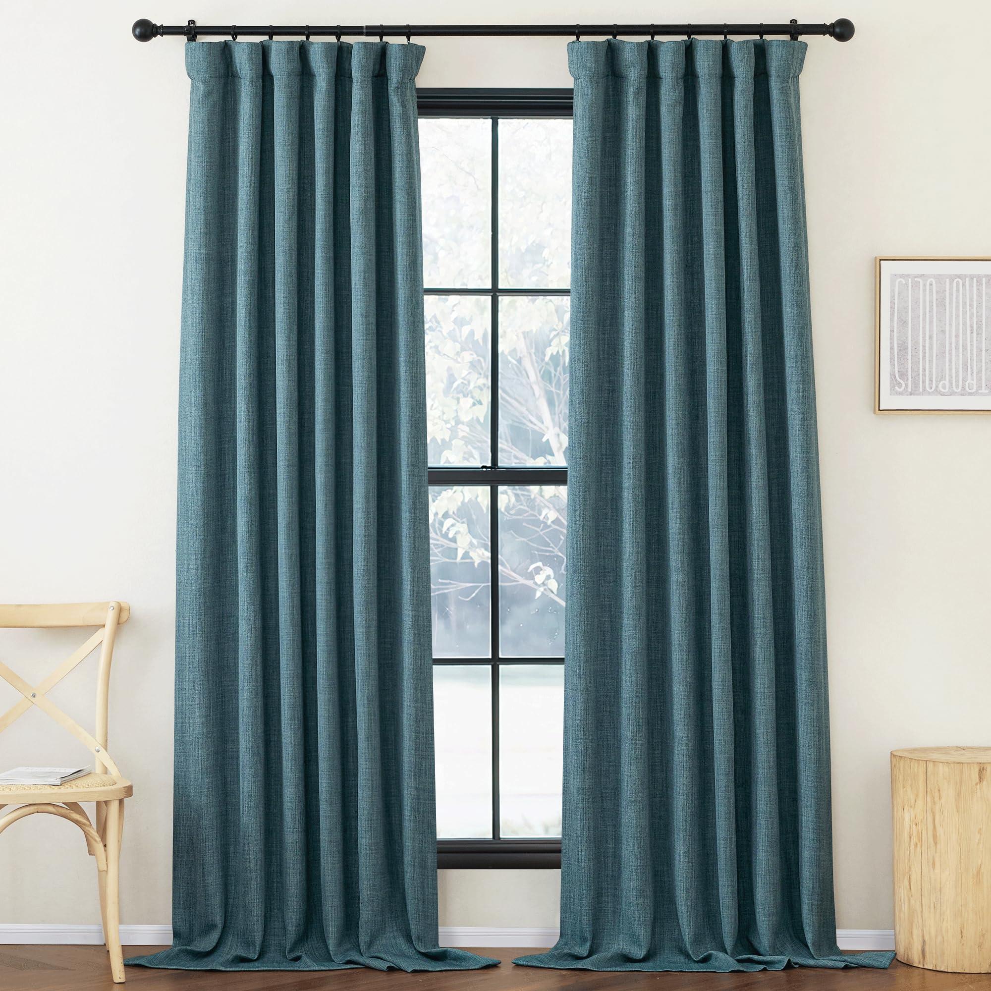 NICETOWN Greyish Blue Room Darkening Linen Curtains for Living Room, Pinch Pleated Faux Linen Blend Thermal Insulated Sou/Noise 