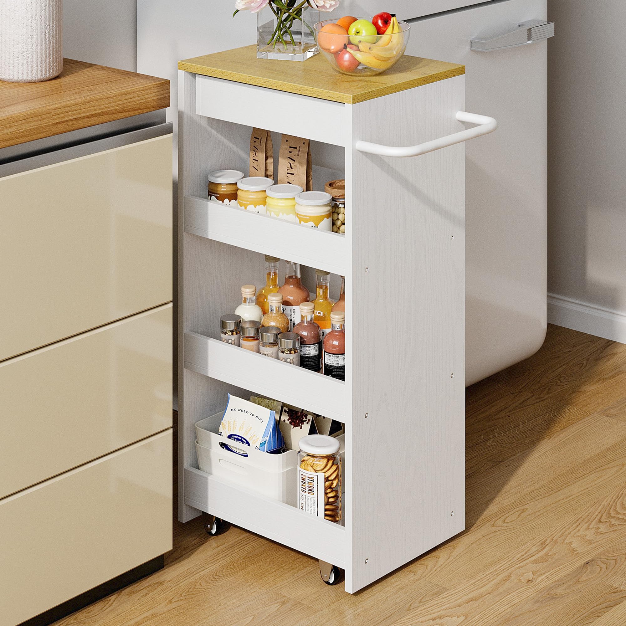 IRONCK Slim Storage Rolling Cart with Drawer and Wheels and Handle, 4 Tier Slide Out Utility Kitchen Cart for Small Spaces Kitch