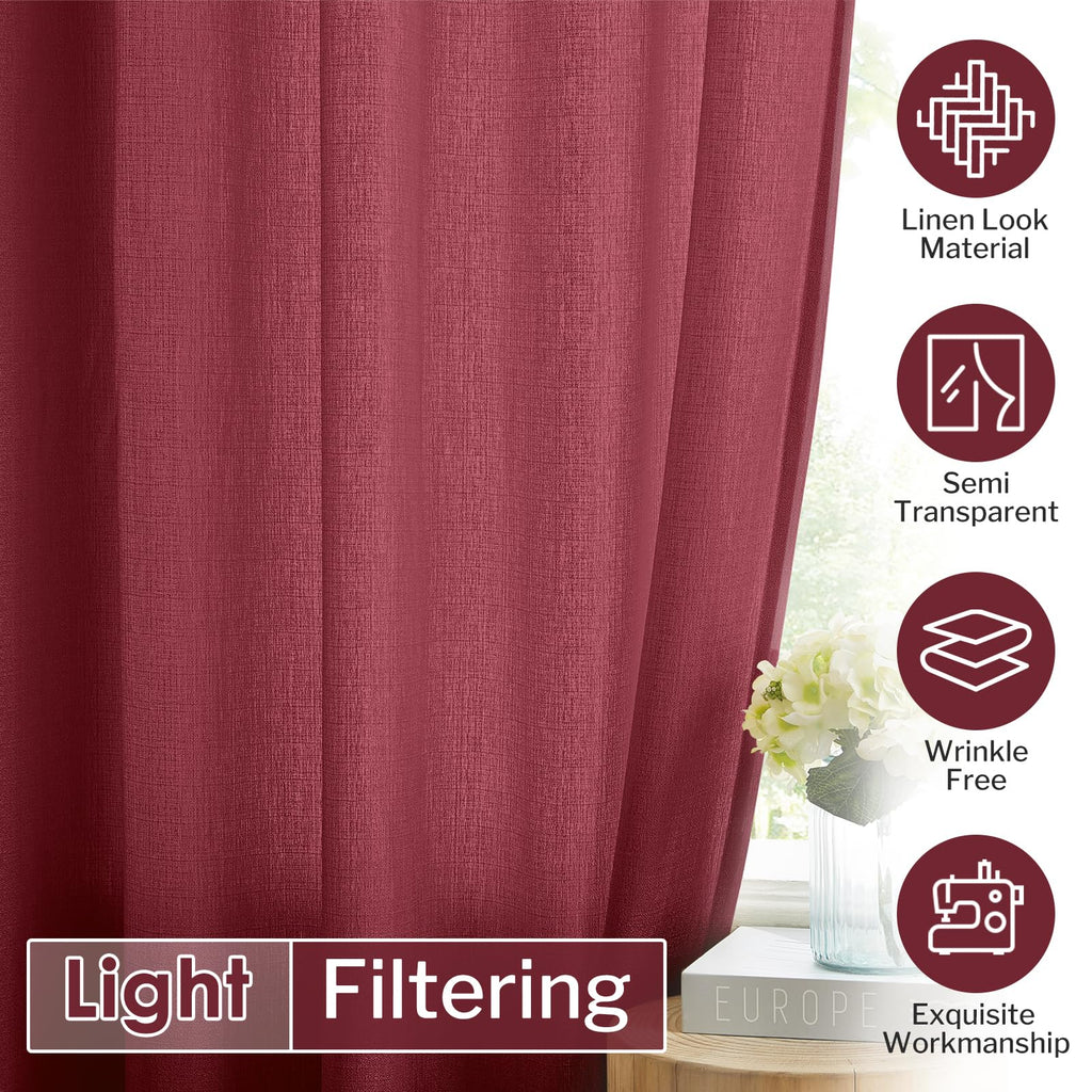 Melodieux Burgundy Semi Sheer Curtains 45 Inch Length For Bedroom Kitchen Small Windows, Linen Look Rod Pocket Privacy Sheer Dra