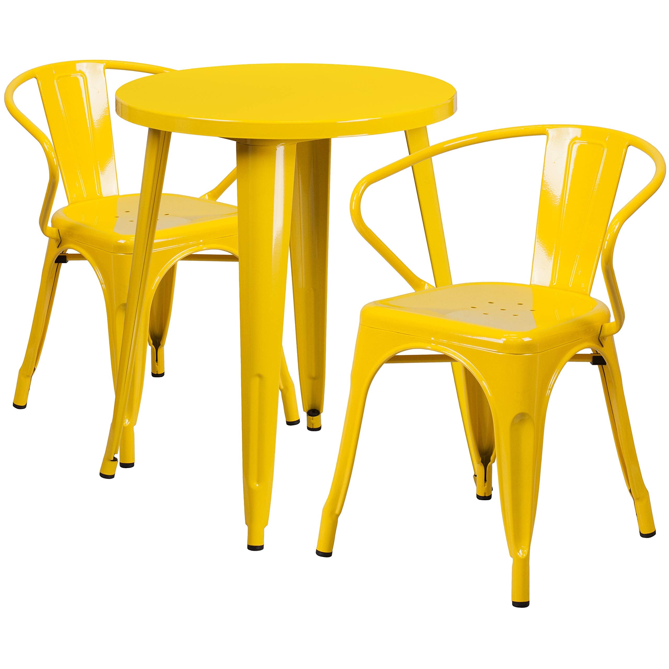Flash Furniture Napoleon Commercial Grade 24&Quot; Round Yellow Metal Indoor-Outdoor Table Set With 2 Arm Chairs