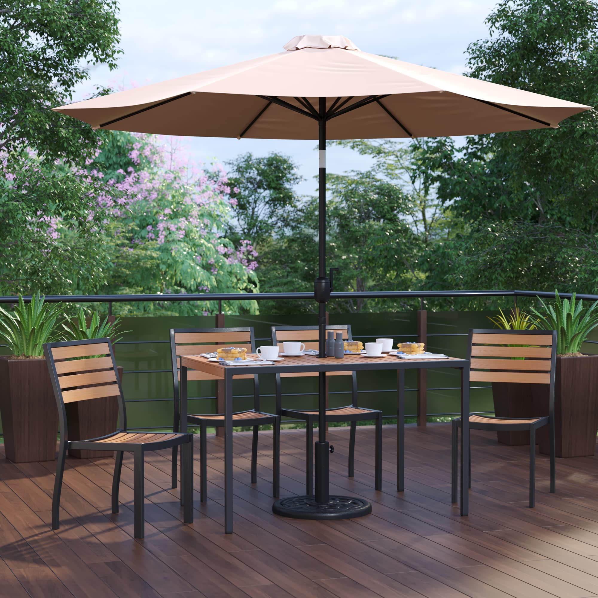 Flash Furniture Lark 7 Piece Patio Table Set - 4 Synthetic Stackable Faux Teak Chairs - 35&quot; Square Faux Teak Table - Tan Umbrella with Base