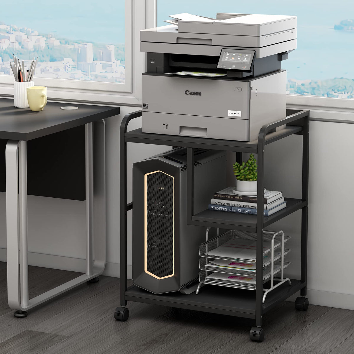 Fannova Printer Stand With Storage Shelf For Home Office Organization, 22 X 18 Inch Large Printer Table With Wheels, Shredder St