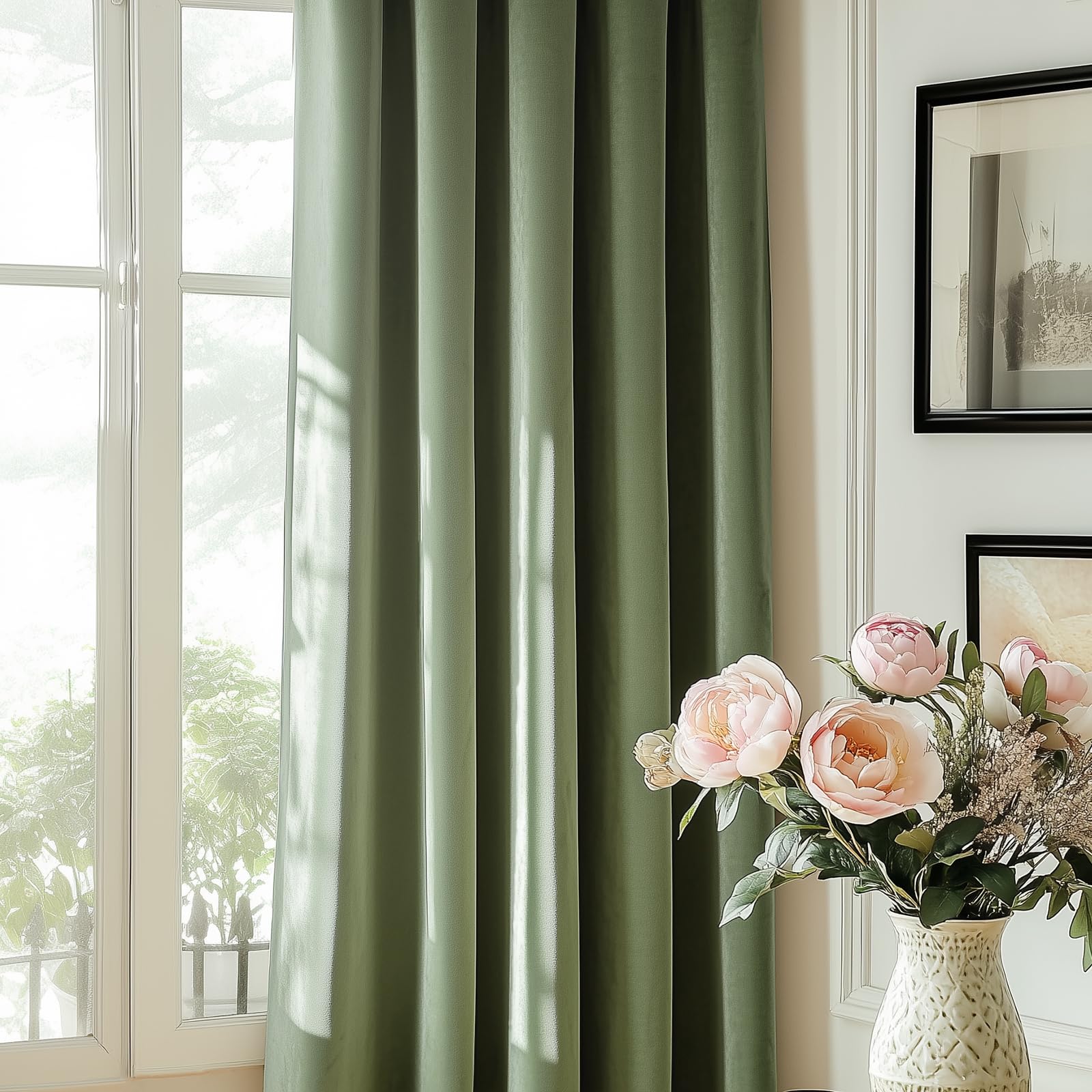 Lazzzy Blackout Velvet Curtains Green Thermal Insulated Curtains 84 Inch Long Drapes For Bedroom Living Room Darkening Window Treatments Grommet Living Room Curtains Set Of 2 Panels Sage Green
