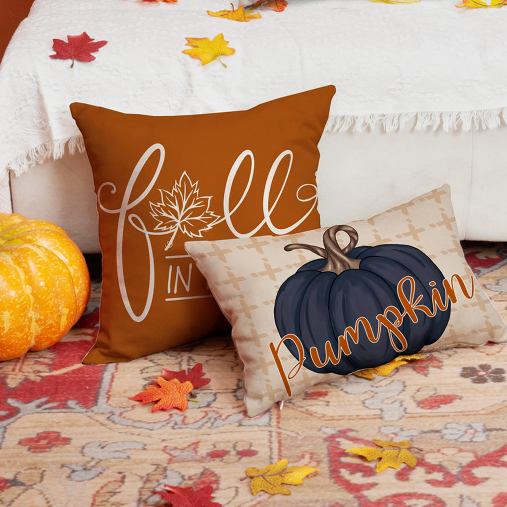 Dfxsz Fall Pillow Covers 12X20 Inch Set Of 4 Buffalo Plaid Fall Blue Pumpkin Throw Pillow Cover Autumn Thanksgiving Decoration F