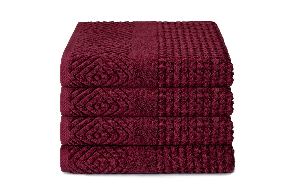 Texere 100% Organic Cotton Jacquard Towel Sets (Diamond, Merlot, 4 Bath Towels)