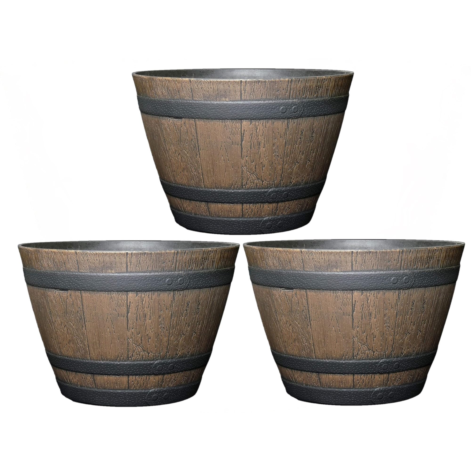 Classic Home And Garden Whiskey Plastic Resin Flower Pot Barrel Planter, Walnut Brown, 15' (Pack Of 3)