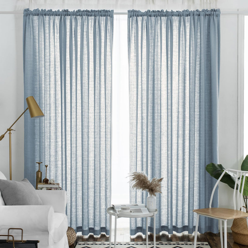 Melodieux Dusty Blue Semi Sheer Curtains 108 Inches Long for Living Room Bedroom, Extra Long Linen Look Rustic Rod Pocket Sheer 