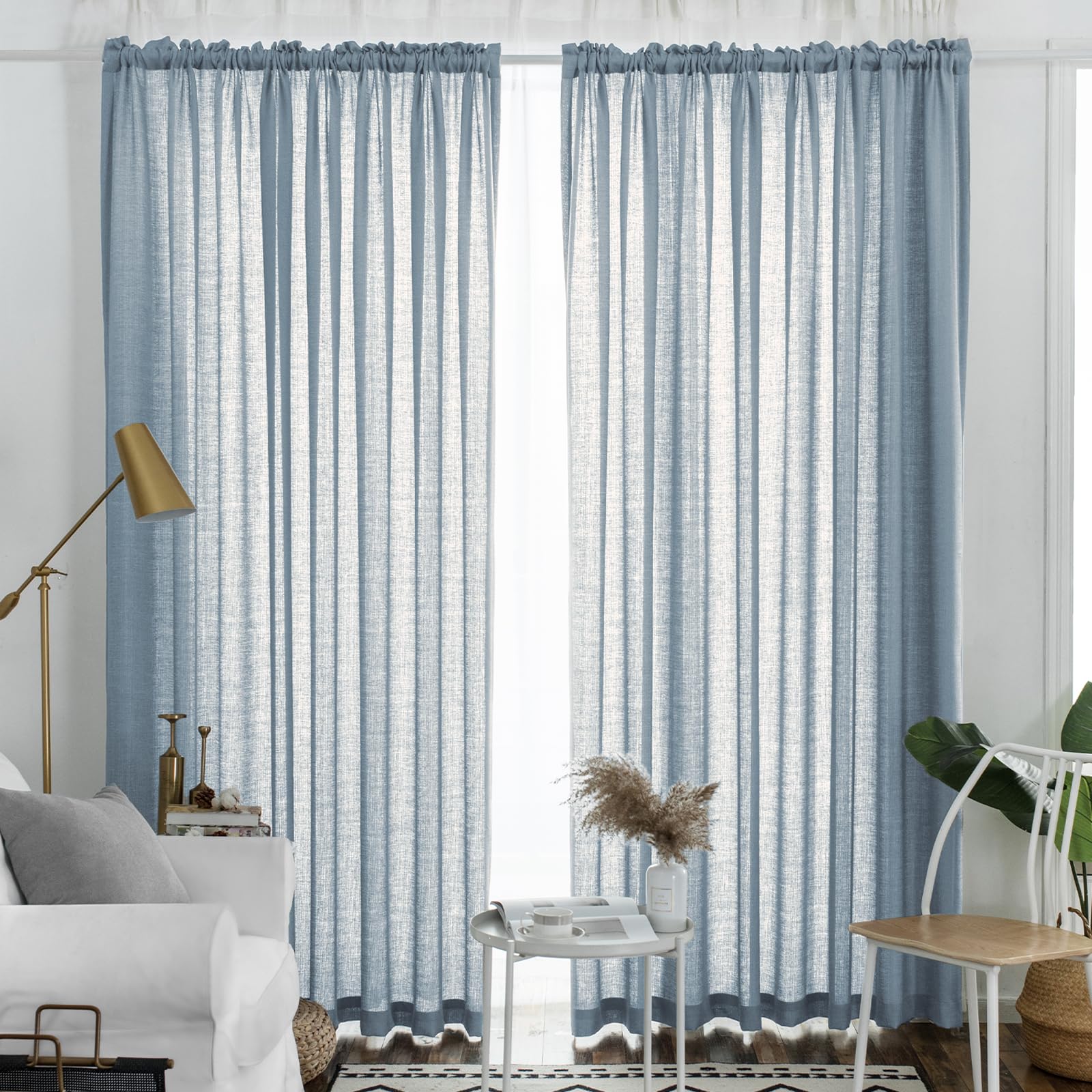 Melodieux Dusty Blue Semi Sheer Curtains 108 Inches Long for Living Room Bedroom, Extra Long Linen Look Rustic Rod Pocket Sheer 
