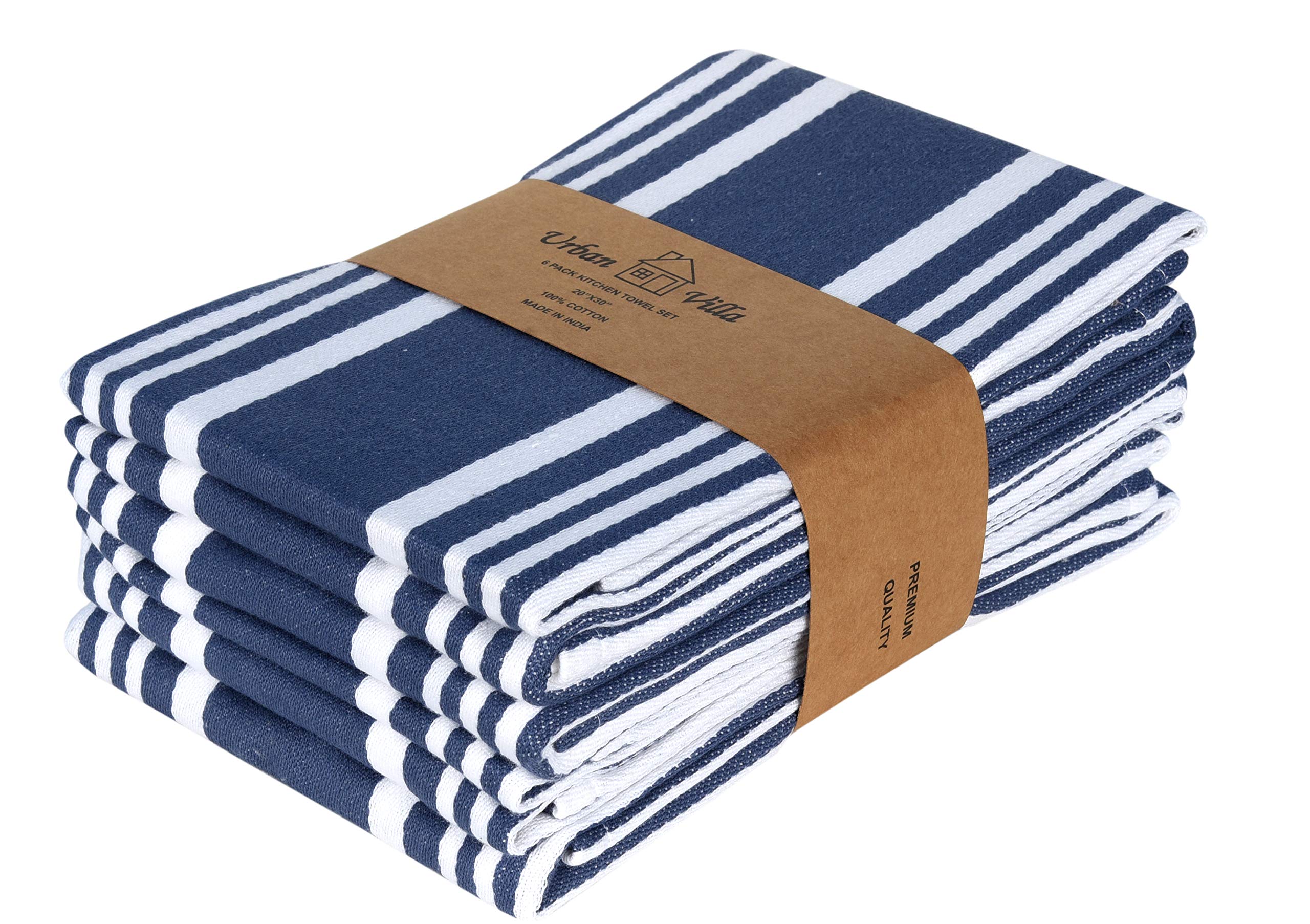 Urban Villa Kitchen Towels (20x30 Inches 6 Pack) Extra Large Premium Dish Towels for Kitchen Blue & White Dish Cloths Highly Abs