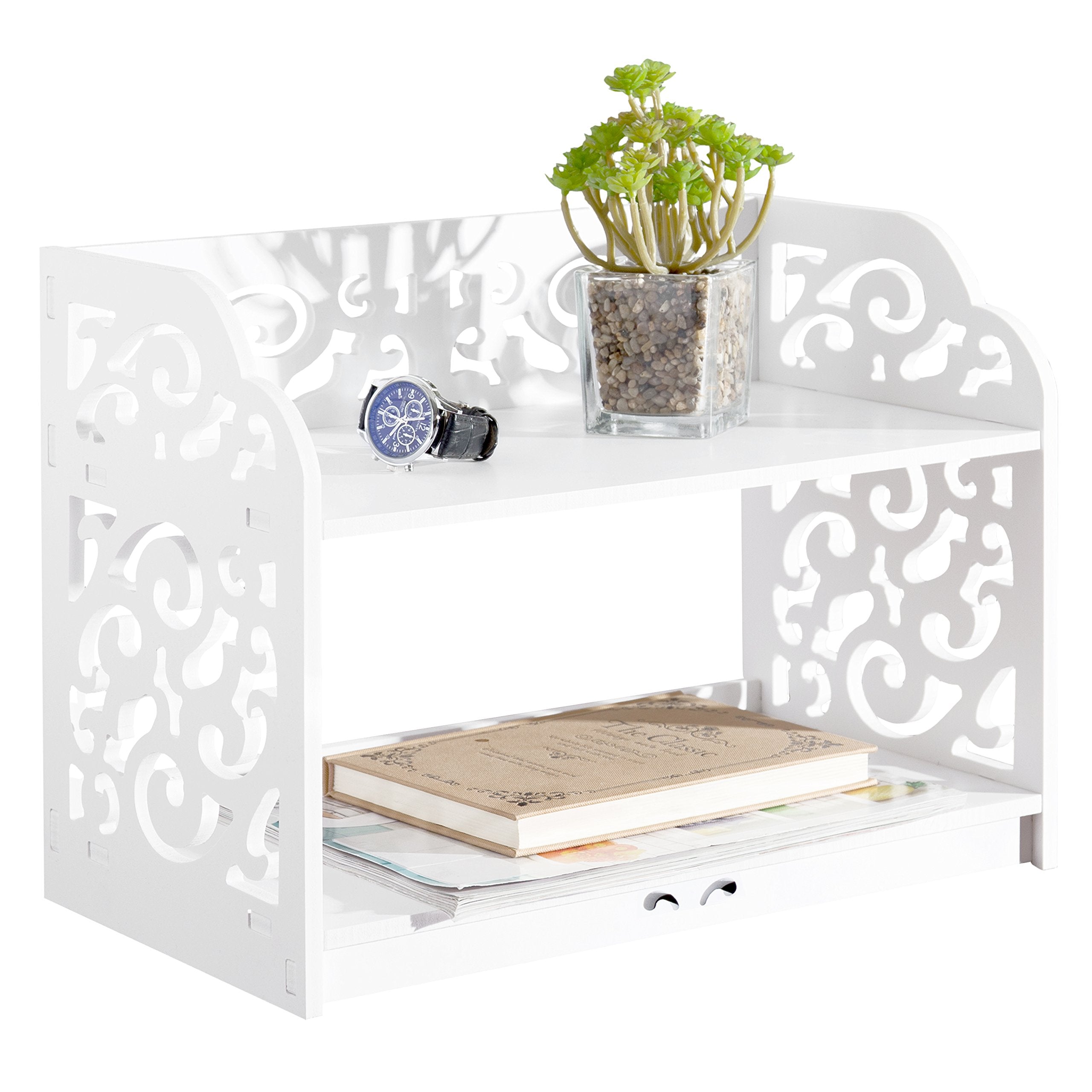 Mygift 2 Tier Vintage White Desktop Bookshelf Organizer Display Stand With Scrollwork Cut Out Design For Home Office Desk, Livin