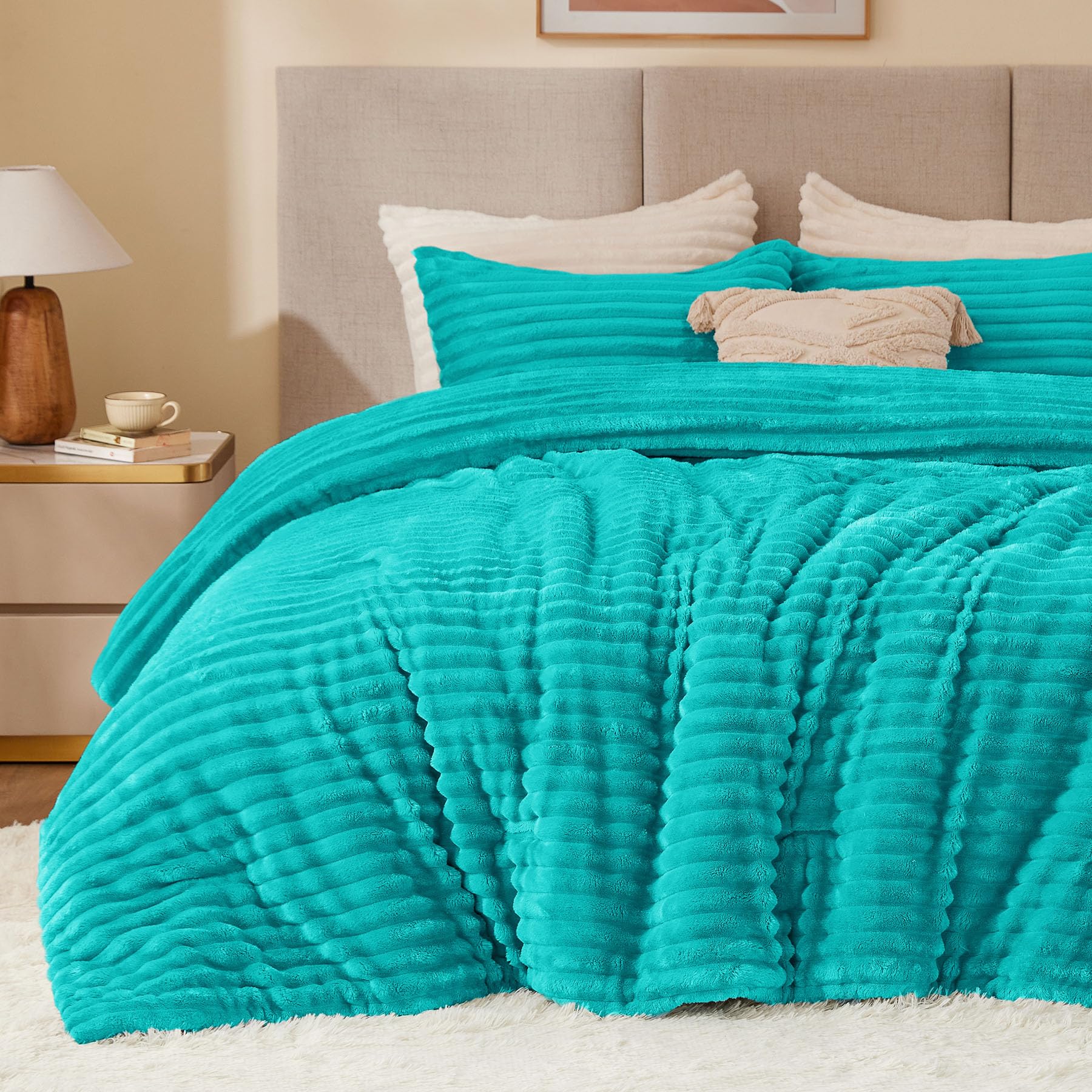 Bedelite Fleece Twin Comforter Set -Super Soft & Warm Fluffy Teal Bedding, Luxury Fuzzy Heavy Bed Set For Winter With 1 Pillow C