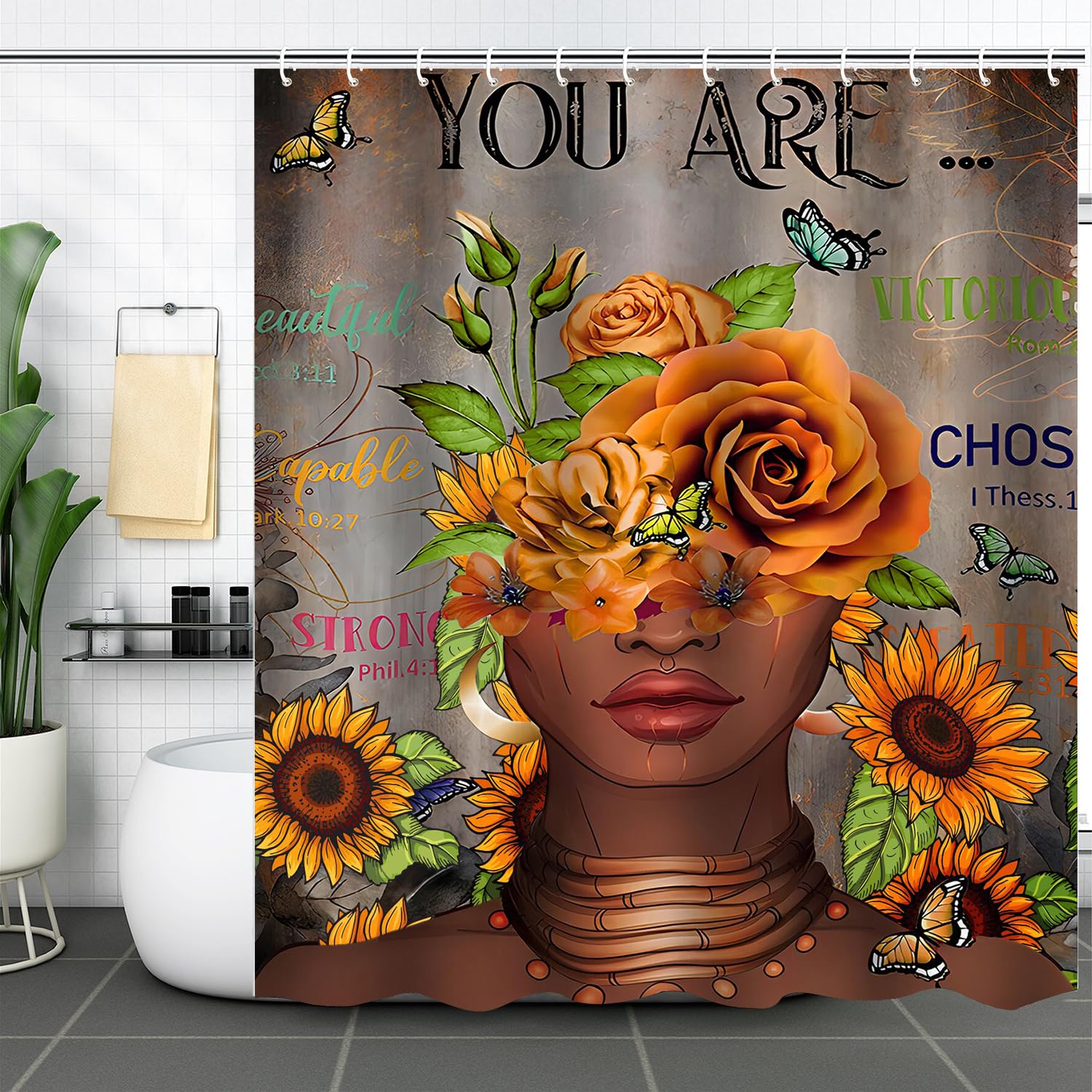 African Woman Shower Curtain Afro American Black Girl Shower Curtain Rose Sunflower shower curtains Inspirational Quotes Waterpr