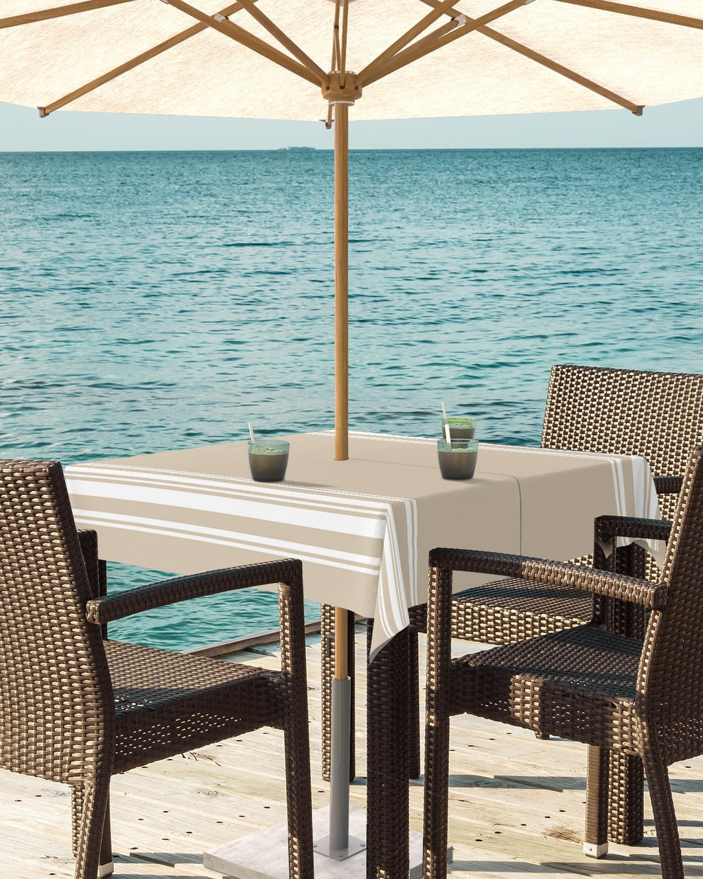 Queenker Outdoor Tablecloth With Umbrella Hole, Khaki And White Stripe Square Tables Waterproof Tabletop Collection For Patio, G