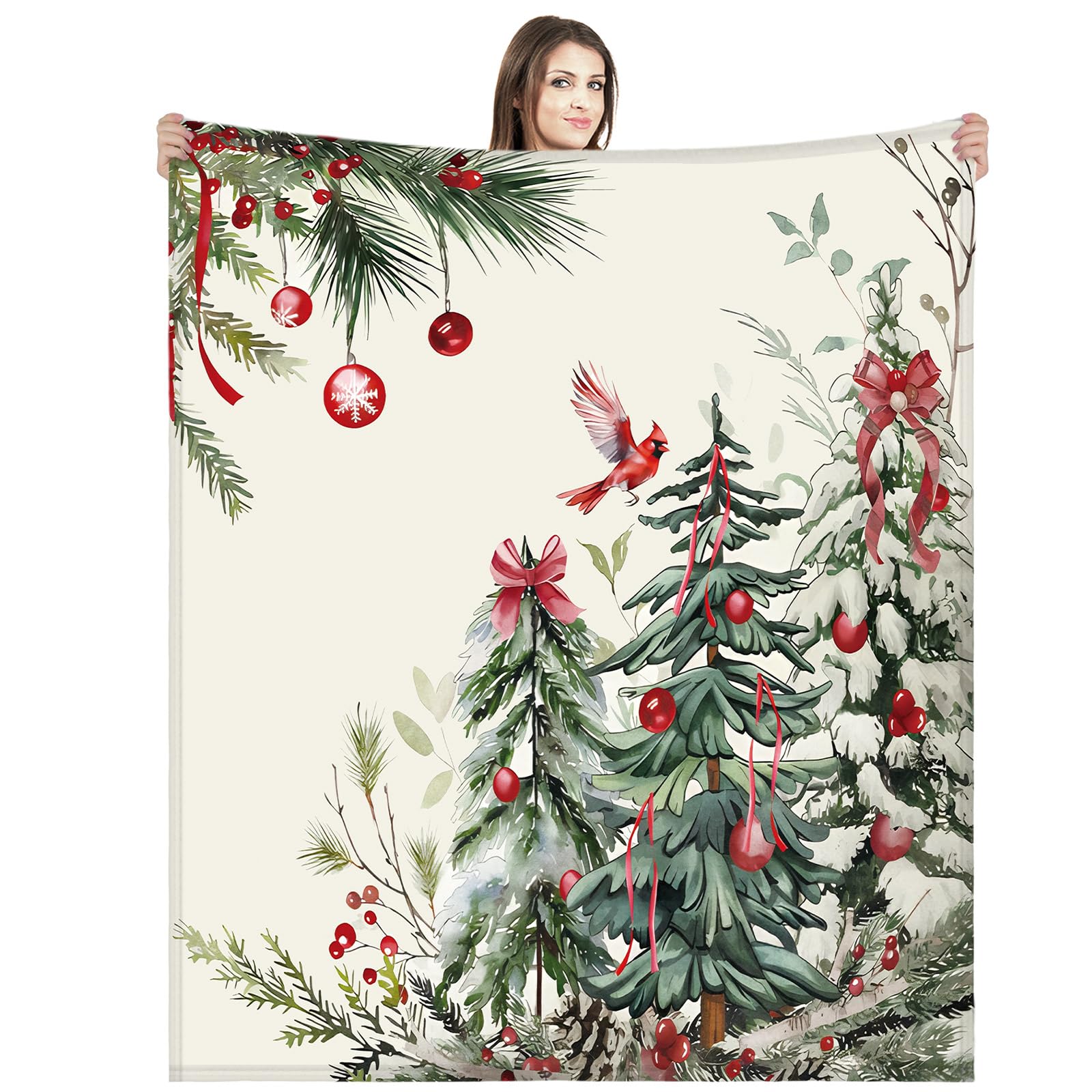 Mindsoft Christmas Tree Blanket Christmas Balls Pine Needles Pine Cardinal Bird Fuzzy Plush Flannel Cozy Blanket Winter Christma