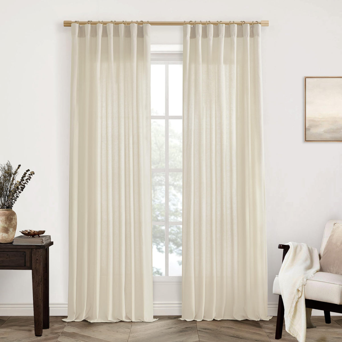 Xtmyi Contemporary Curtains For Living Room,Pleat Hooks Linen Semi Sheer Ruffle Curtains For Master Bedroom 2 Panels,90 Inch Lon