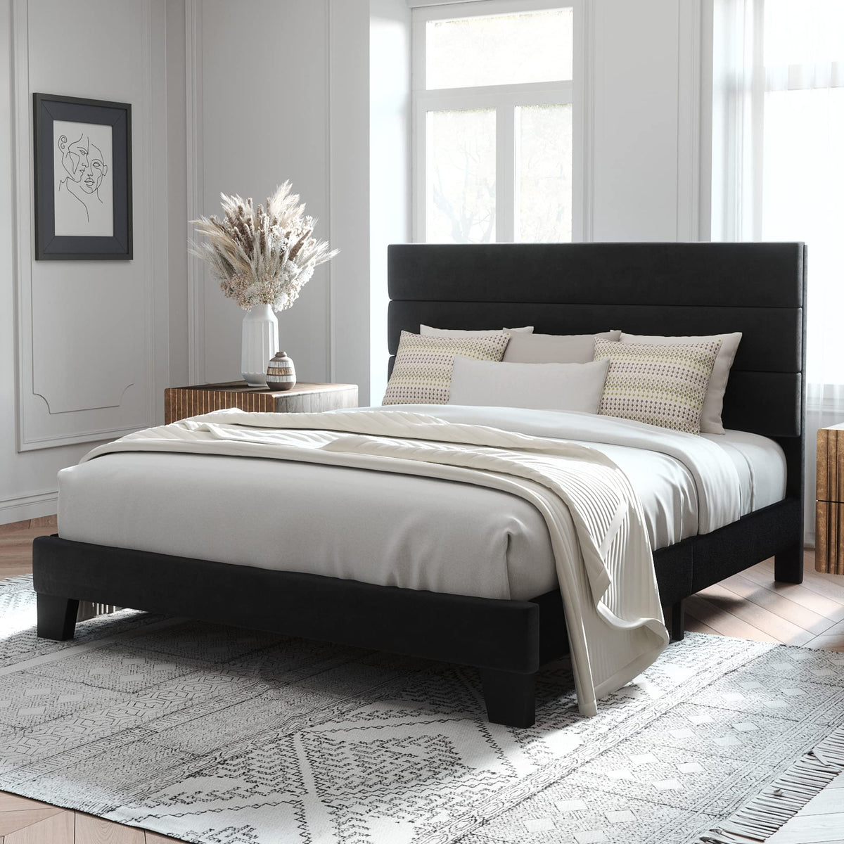 Allewie Full Size Platform Bed Frame With Velvet Upholstered Headboard And Wooden Slats Support, Fully Upholstered Mattress Foundation/No Box Spring Needed/Easy Assembly, Black