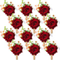 Sherr 12 Pcs Boutonniere for Men Fall Wedding Decor Red Rose Burgundy Boutonniere Corsage Set with Pin for Fall Party Western We