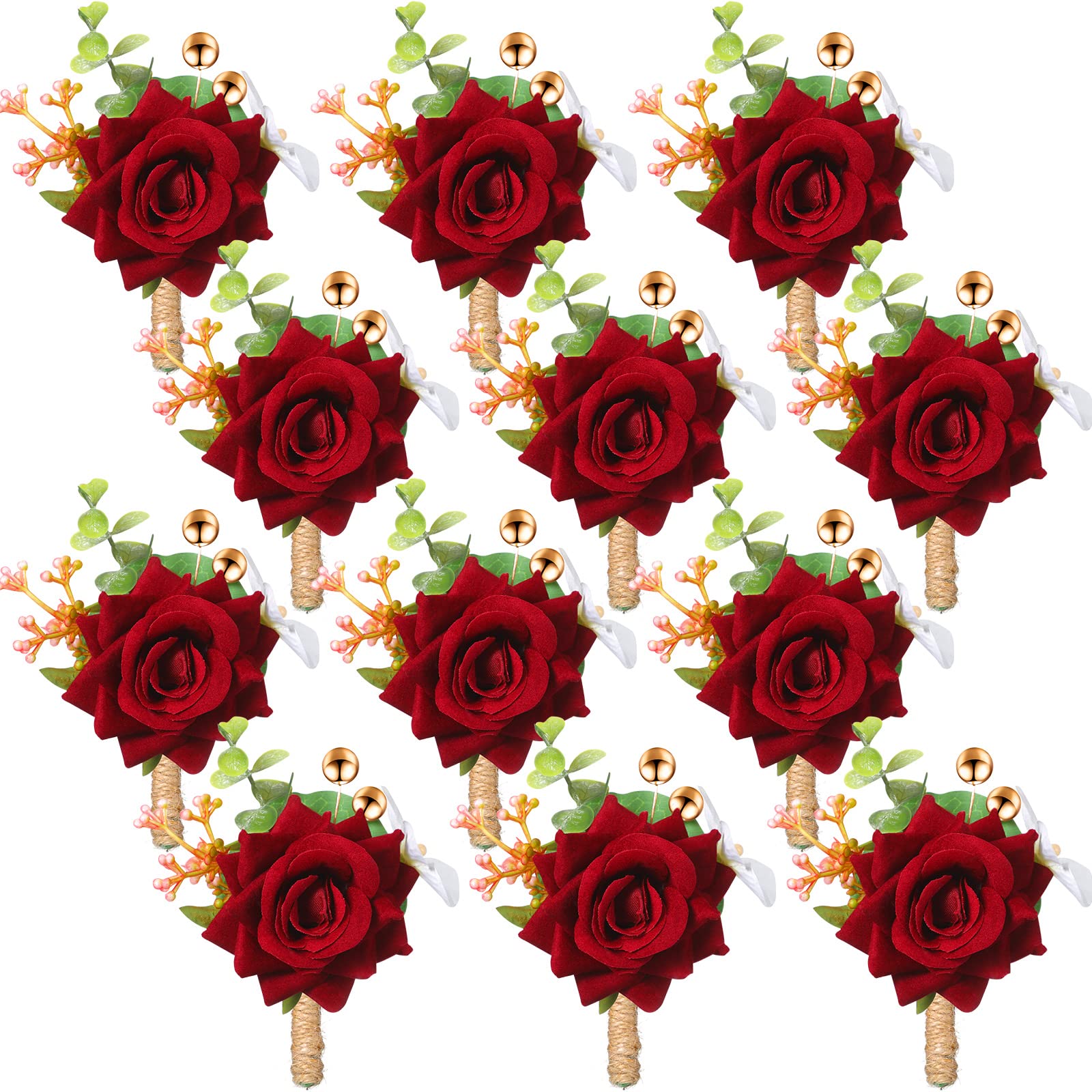 Sherr 12 Pcs Boutonniere for Men Fall Wedding Decor Red Rose Burgundy Boutonniere Corsage Set with Pin for Fall Party Western We