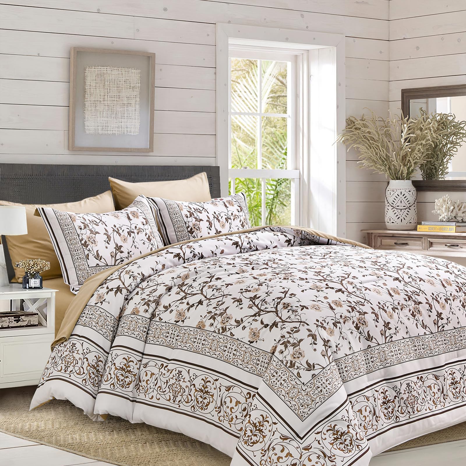 Dobuyly Brown King Size Comforter Set, Floral Botanical Bedding Set 7 Piece Bed In A Bag King, Soft Microfiber Flowers Bedding C