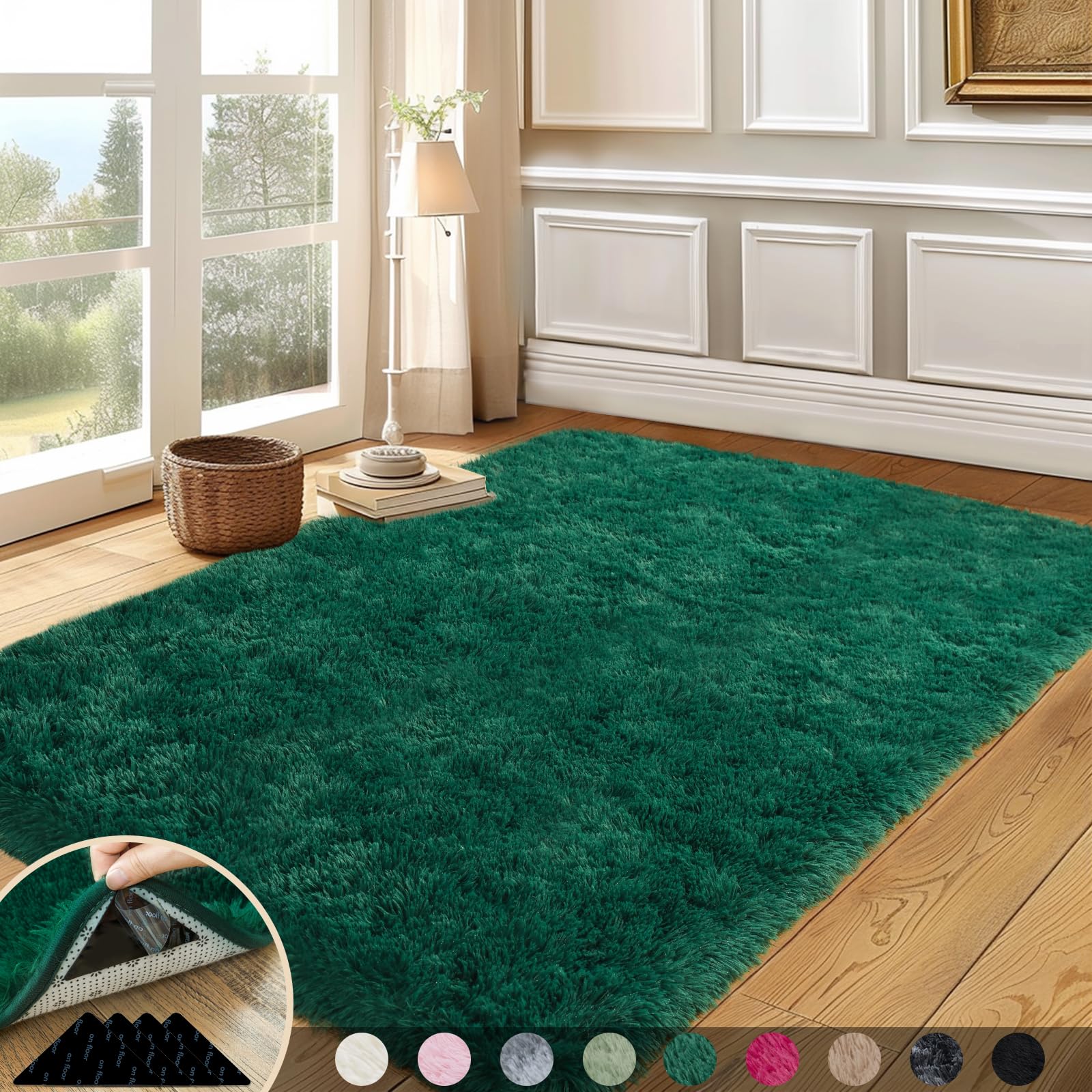 Mugorn 5x7 Rugs for Living Room, Large Fluffy Dark Green Area Rugs for Bedroom, Soft Carpet Shag Kids Rug with 4 Non-Slip Rug Pa