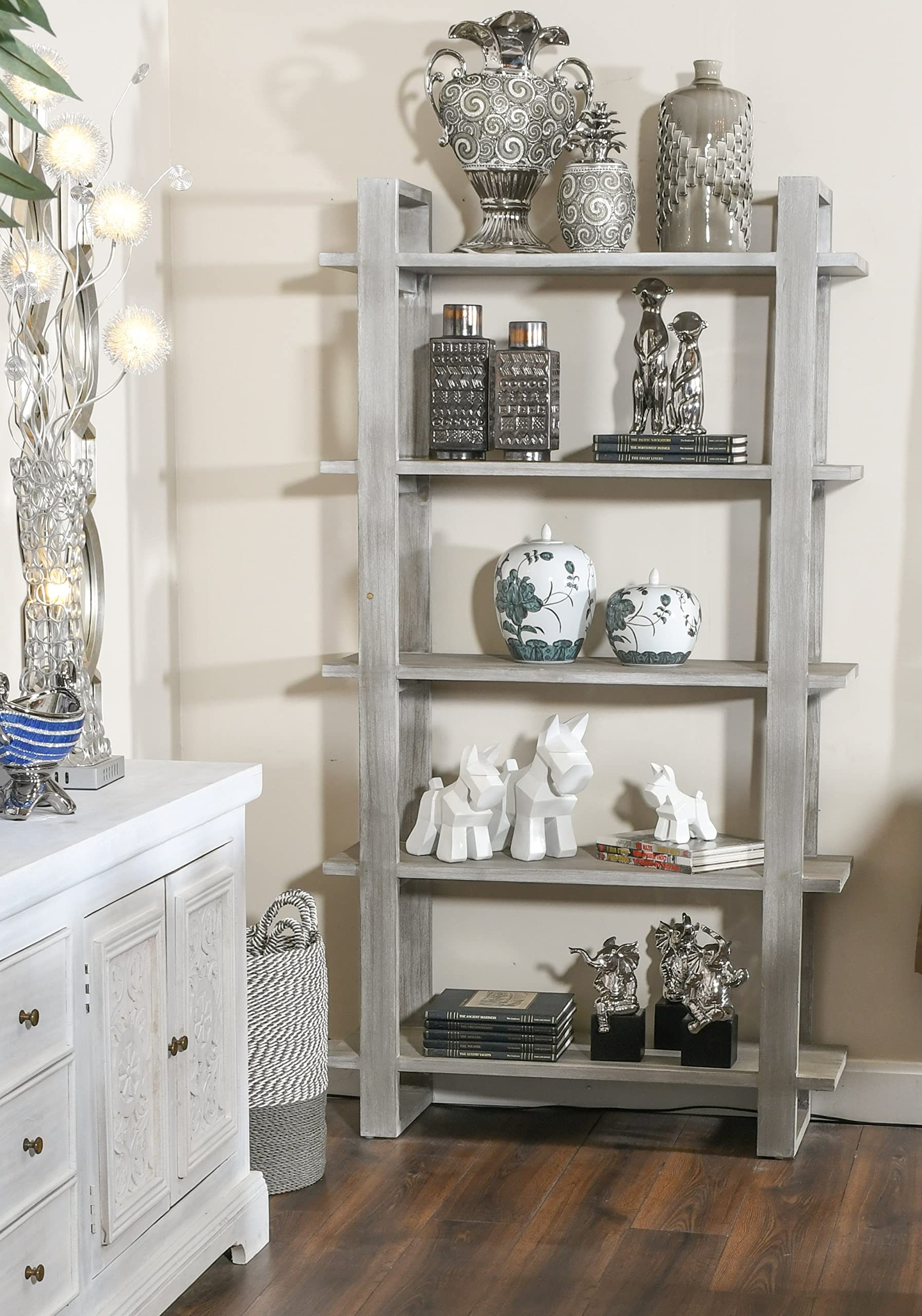 AFD Home Mystique Gray Mid Century Rustic Bookshelves Etagere