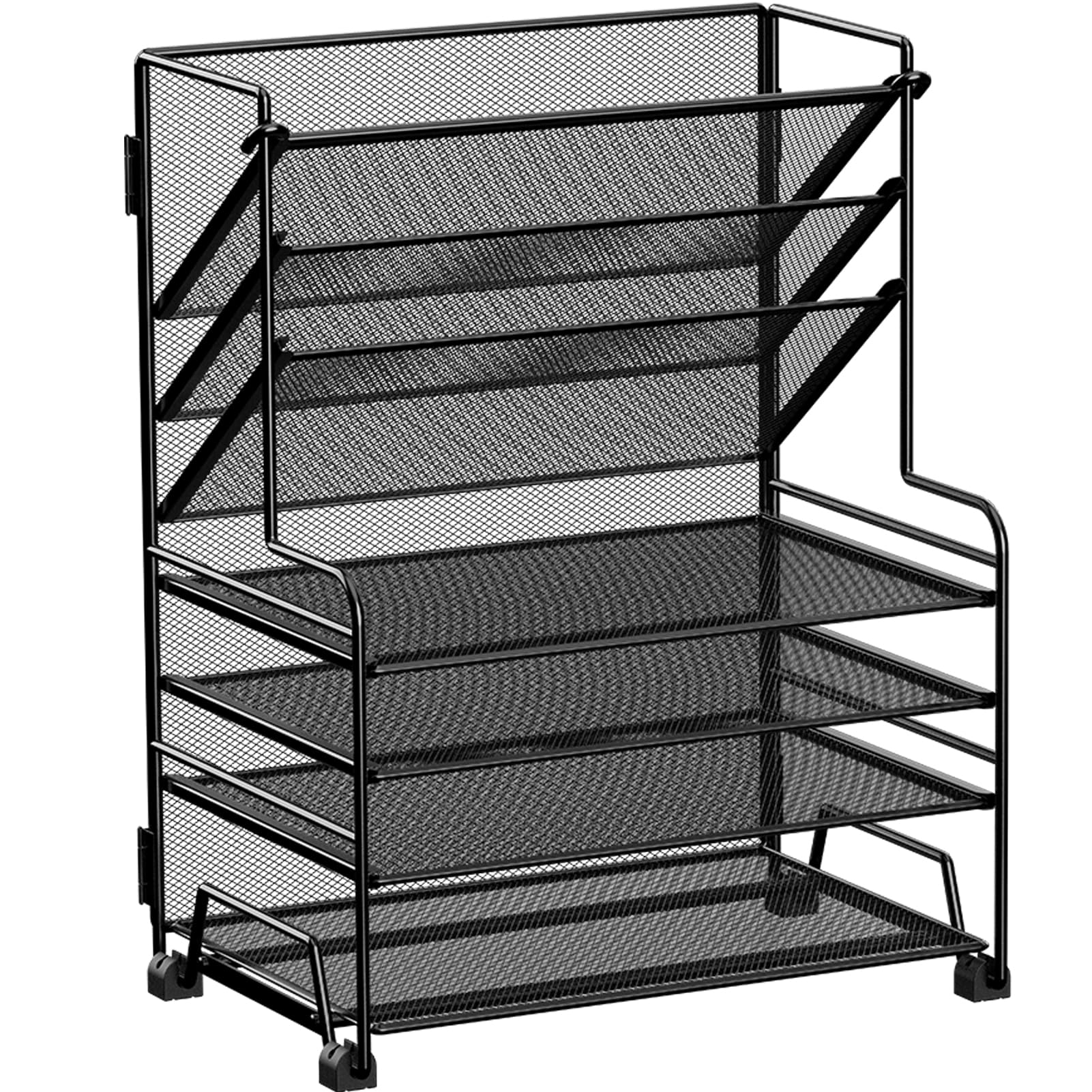 MINDEPOT 4-Tier Paper Organizer + 3-Pocket File Holder + Drawer + Pen Holders, Desktop File Organizers Paper Tray for Office Sup