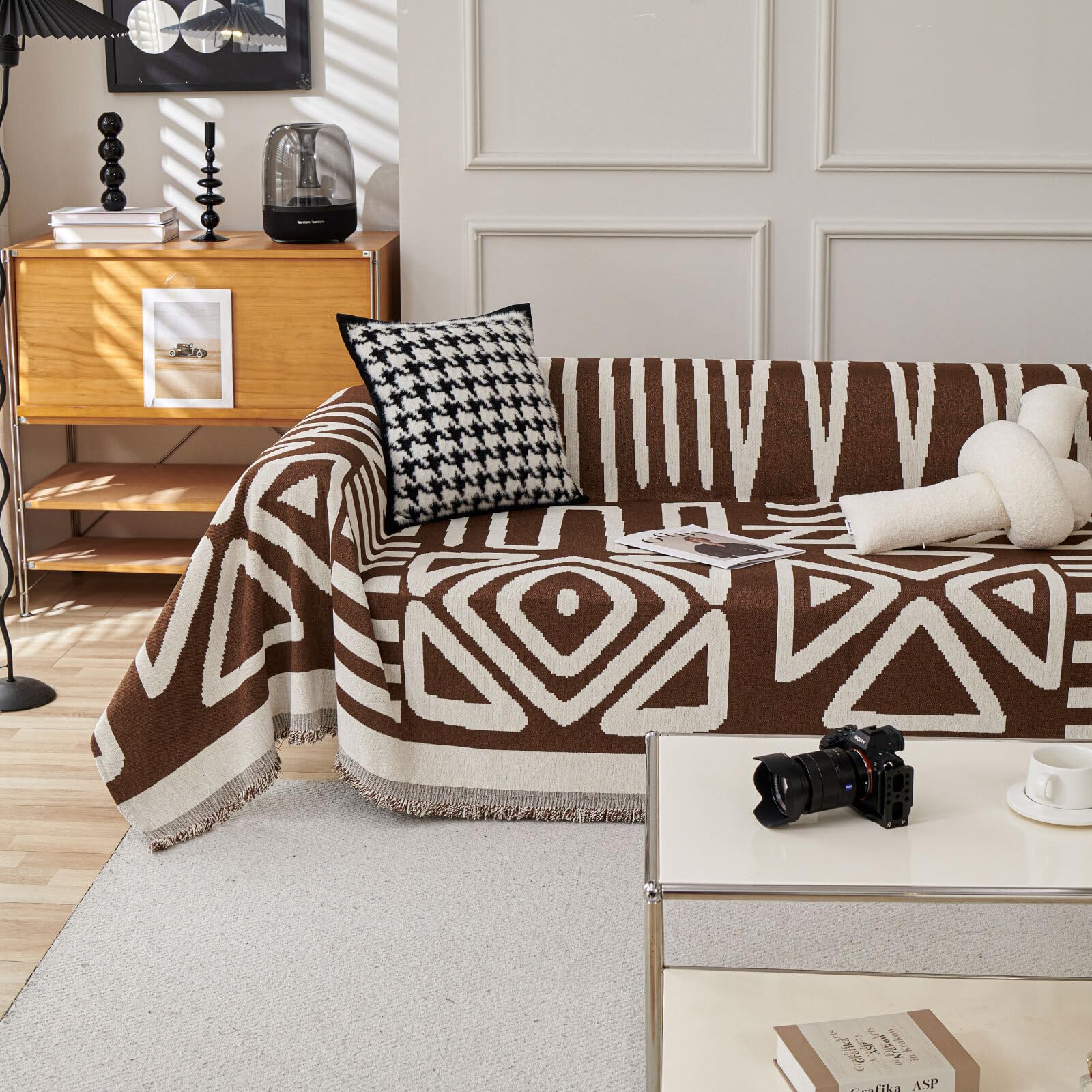 Handontime Chocolate Boho Couch Cover Reversible Sofa Covers For 3 Cushion Couch Washable Couch Sofa Cover For Dogs Dark Couches Covers Chenille Couch Protector Couch Covers For Sofa, 71' X118'