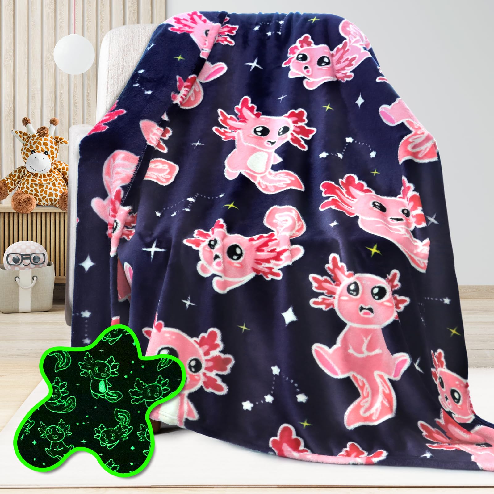 UOFON Axolotl Blanket Glow in The Dark Blanket Pink Axolotl Plush Cute Blanket for Girls Axolotl Gifts Birthday Decorations 60''