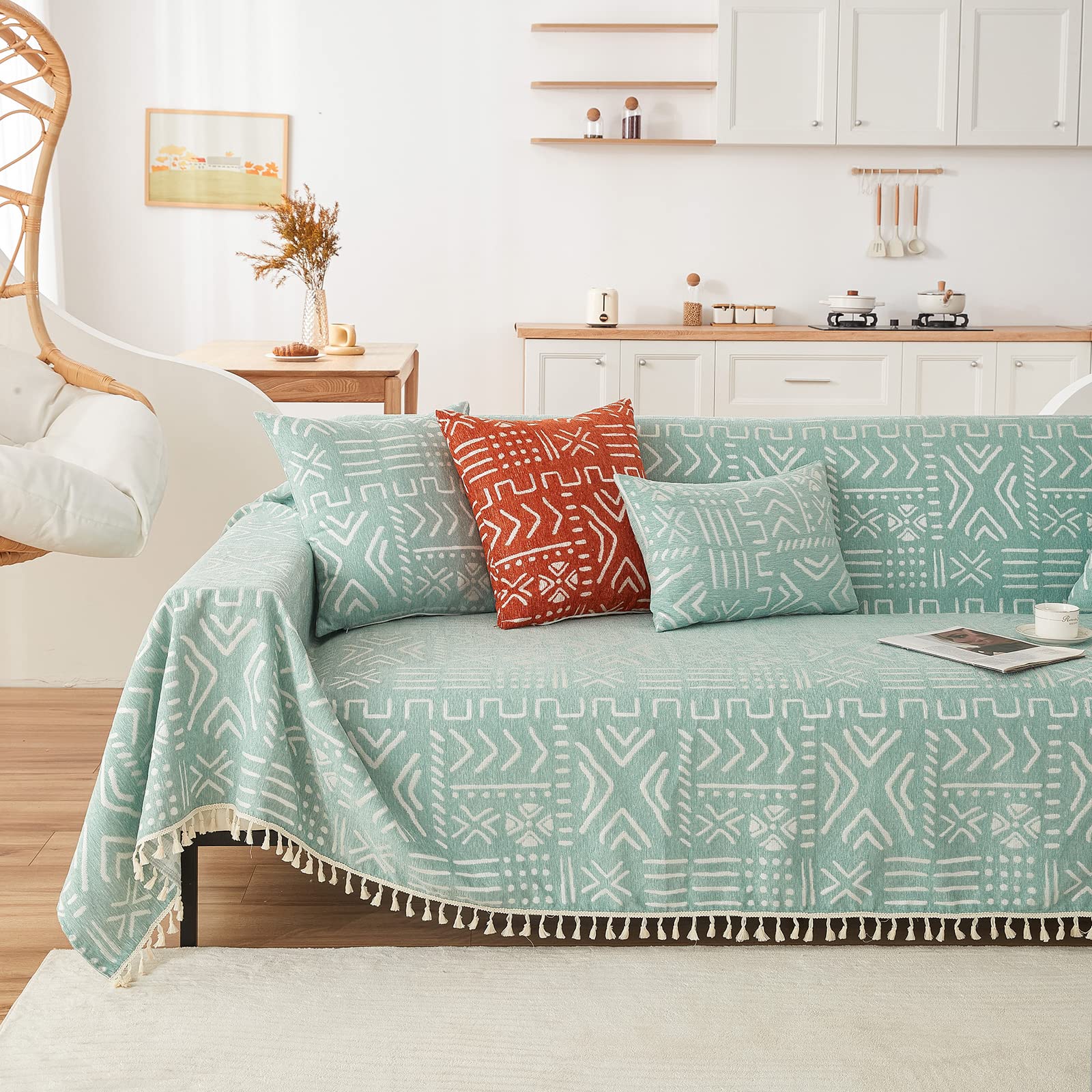 Handontime Farmhouse Couch Cover Tassel Light Green Sofa Covers For Dogs Boho Décor Geometric Aztec Couch Cushion Cover Sofa Protector Cover Sectional Couch Covers For 3 Cushion Couch, 71' X134'