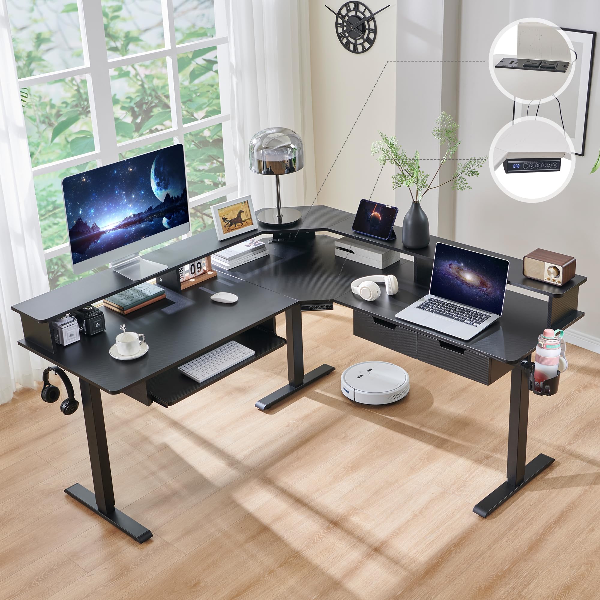 RedLemon 60 Inches L Shaped Electric Standing Desk, Height Adjustable Corner Gaming Desk with Drawers, Power Outlets & LED Light